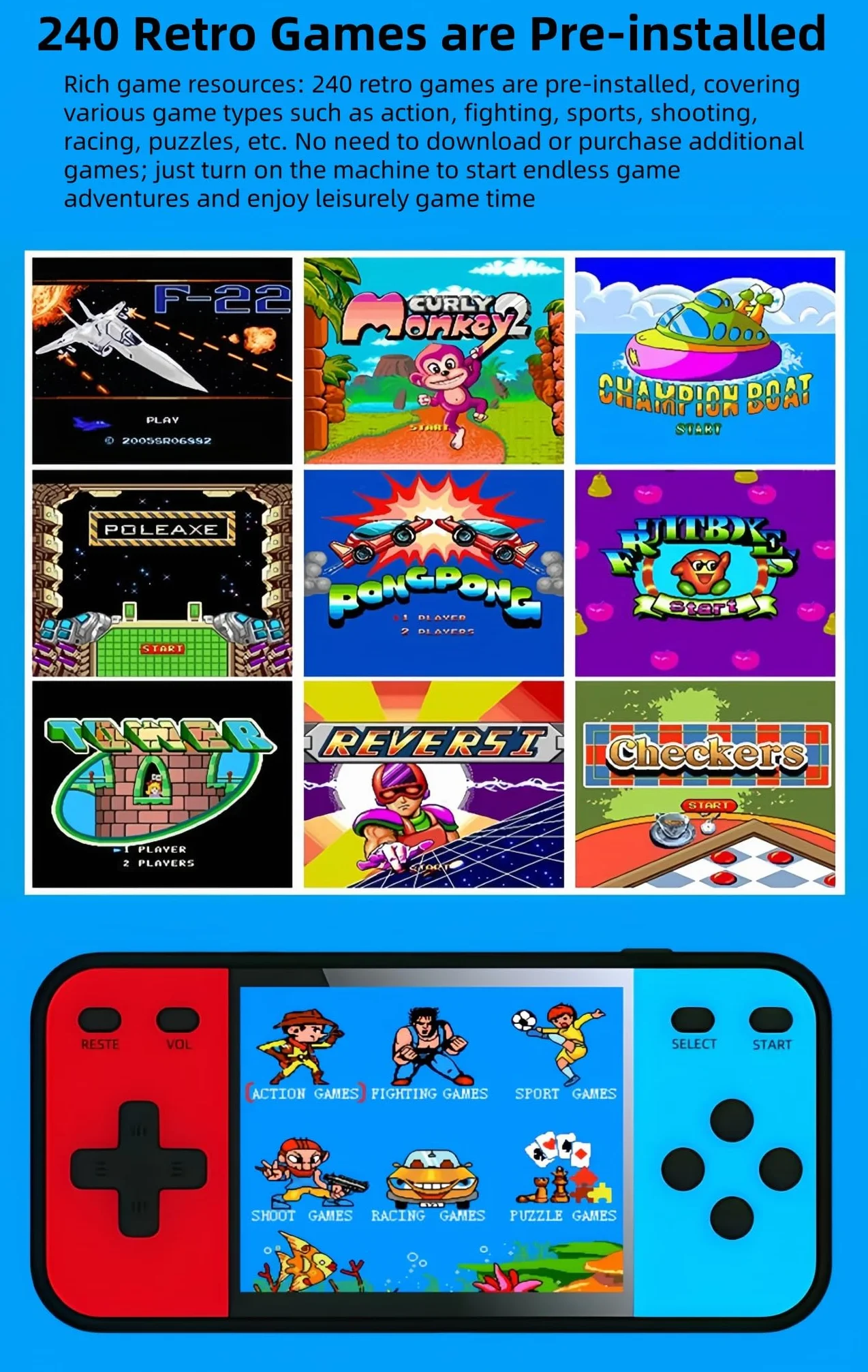 Ekran 3,0" Retro Kolorowy Konsola do Gier 240 Zintegrowana Konsola do gier wideo Student Gra elektroniczna Przenośna zabawka Puzzle Prezent dla dzieci Towarzysz podróży i wypoczynku