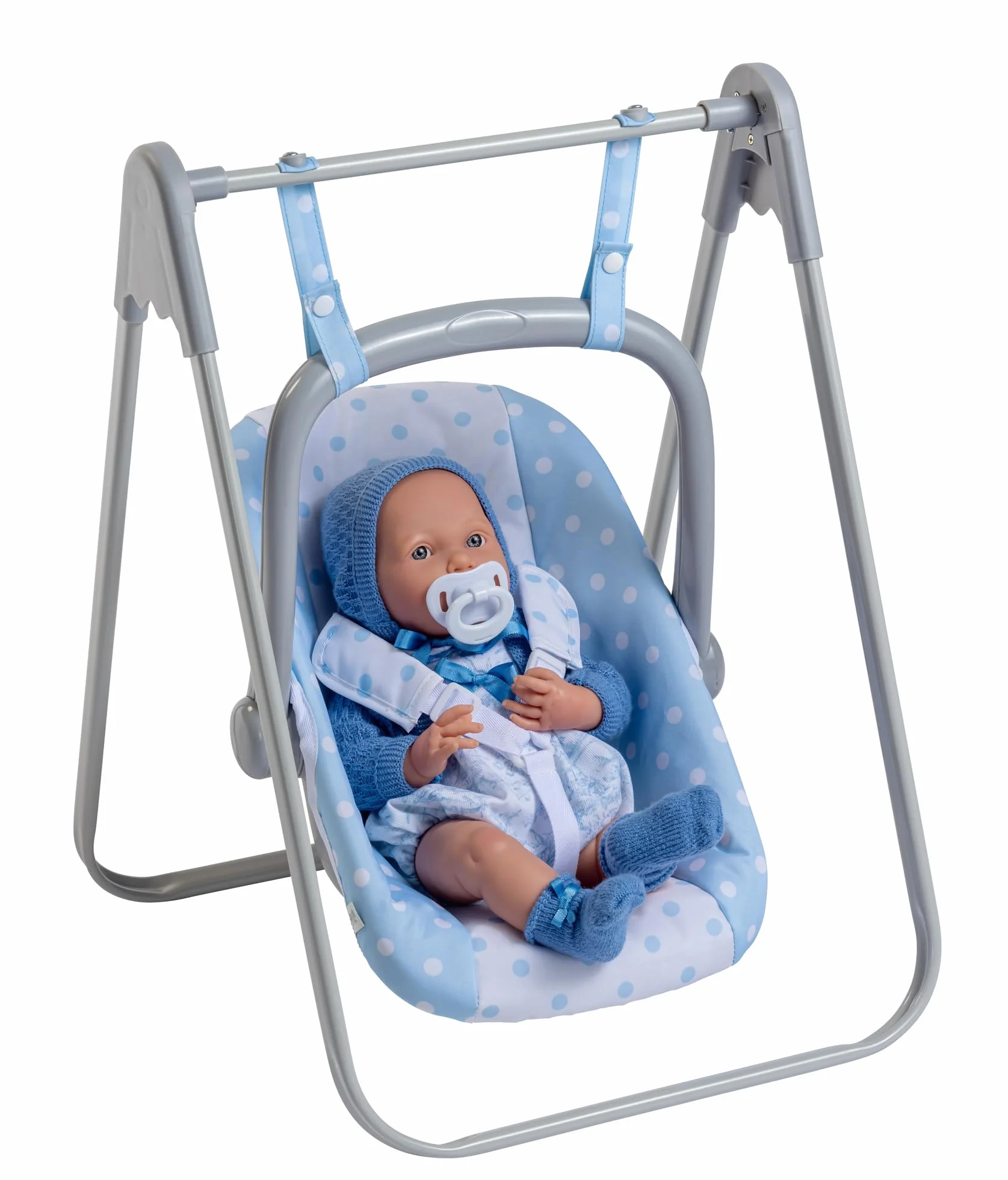 JC Toys - 2 w 1 Hamak i krzesło wielopozycyjne zdejmowane dla lalek do 45 cm, niebiesko-białe z kropkami, przenośny, lekki, zaprojektowany przez Berenguer Boutique, 3 lata