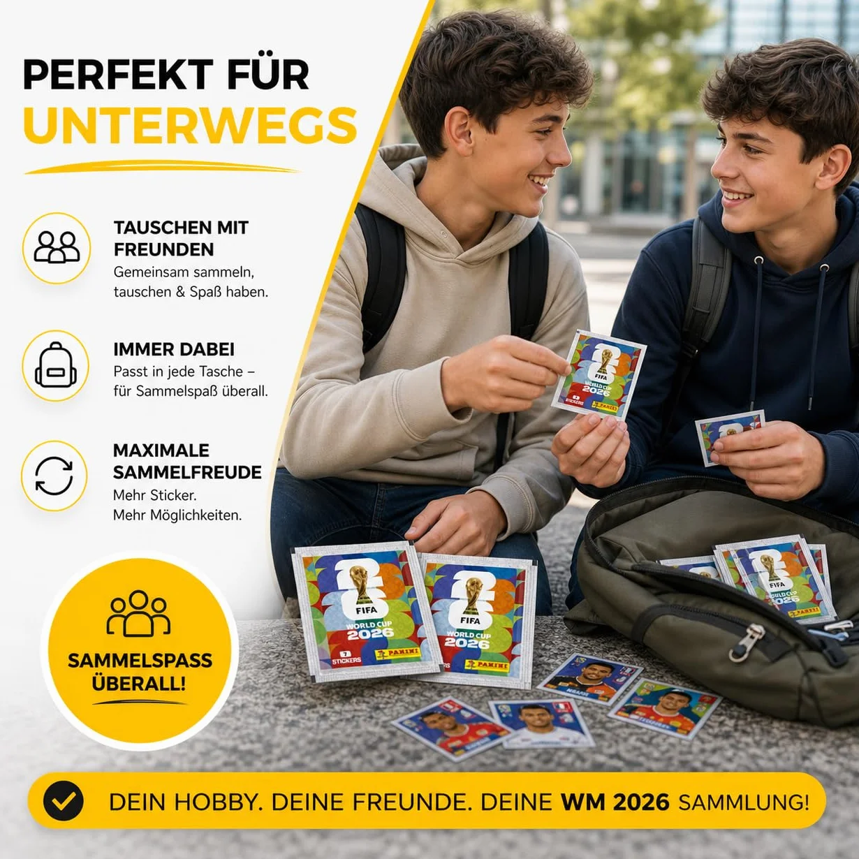 Naklejki kolekcjonerskie XXL na MŚ 2026 – naklejane naklejki Panini Mistrzostwa Świata Extra 1 x plan meczów (pakiet własnych marek) (100 torebek / 700 pojedynczych torebek z naklejkami)
