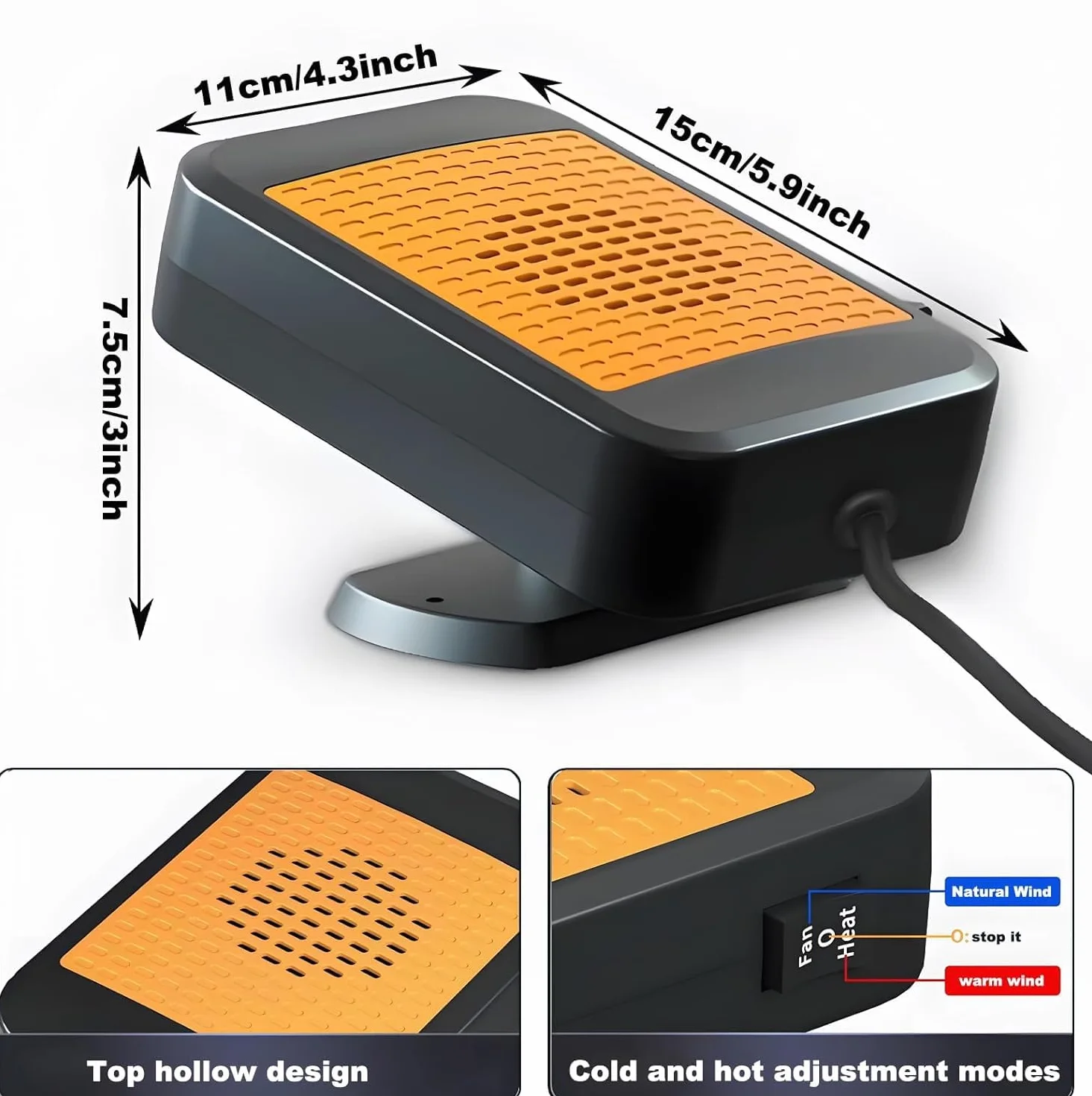 Przenośny wentylator grzejnika samochodowego, odmrażacz osuszacz 200 W, szybkie nagrzewanie, suszarka chłodząca 2 w 1, wentylator grzewczy obracany o 360°, podłączany do zapalniczki