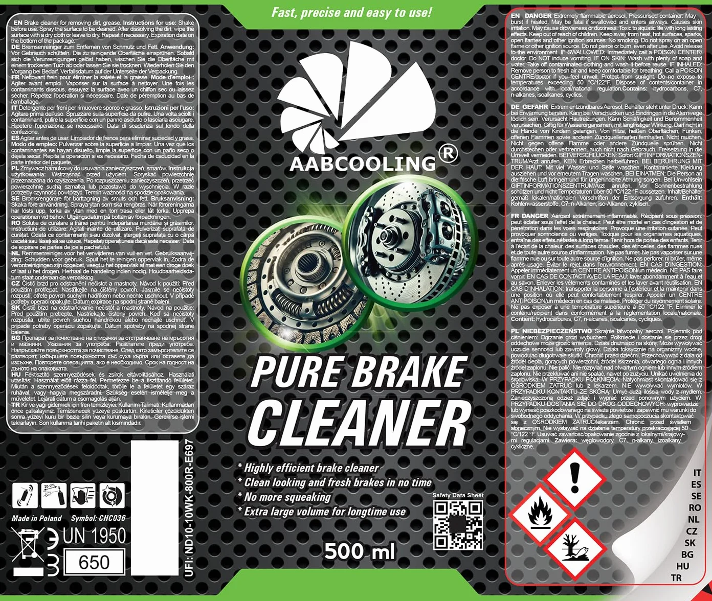 AABCOOLING Pure Brake Cleaner 500ml Środek do czyszczenia hamulców Odtłuszczacz