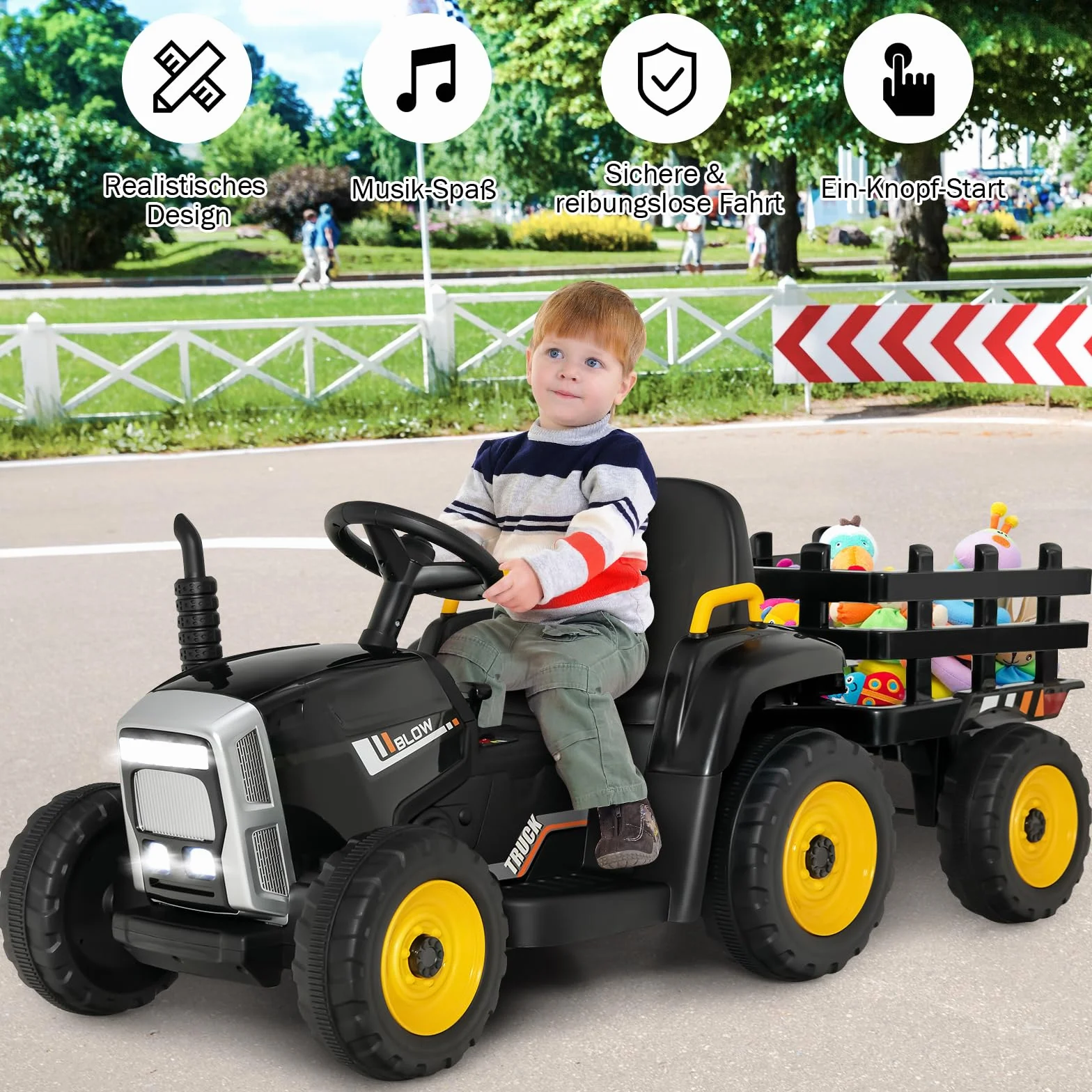GOPLUS Elektryczny traktor dla dzieci 12 V z przyczepą, 3-biegowy pojazd elektryczny z pilotem zdalnego sterowania, samochód elektryczny z oświetleniem LED, muzyką i Bluetooth, obciążenie 30 kg, od 3