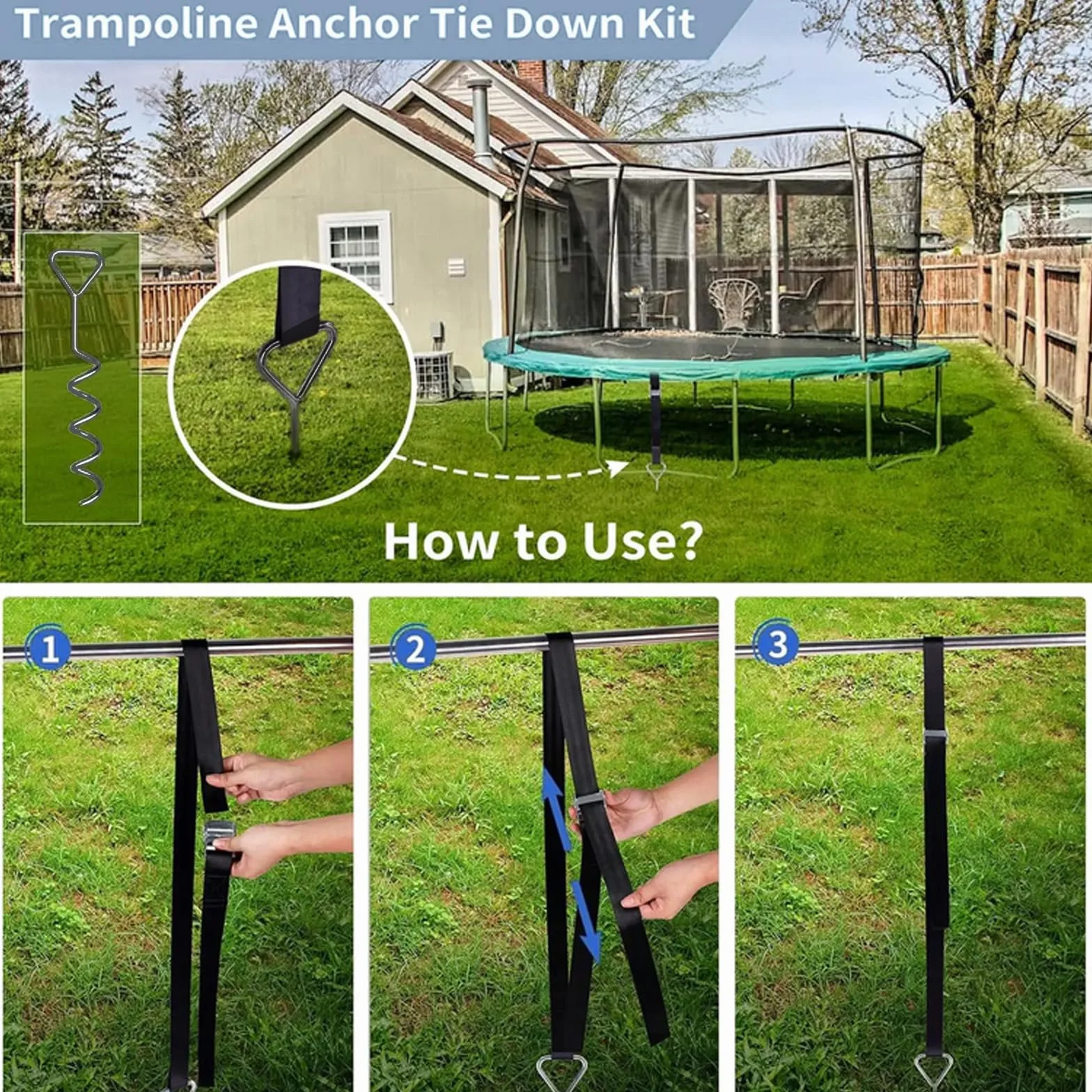 Kotwy gruntowe do trampoliny do wkręcania – bardzo bezpieczny zestaw kotew – wykonanie premium – mocowanie do gruntu kotwy burzowe – regulowany pas 2,40 m – odporne na rdzę