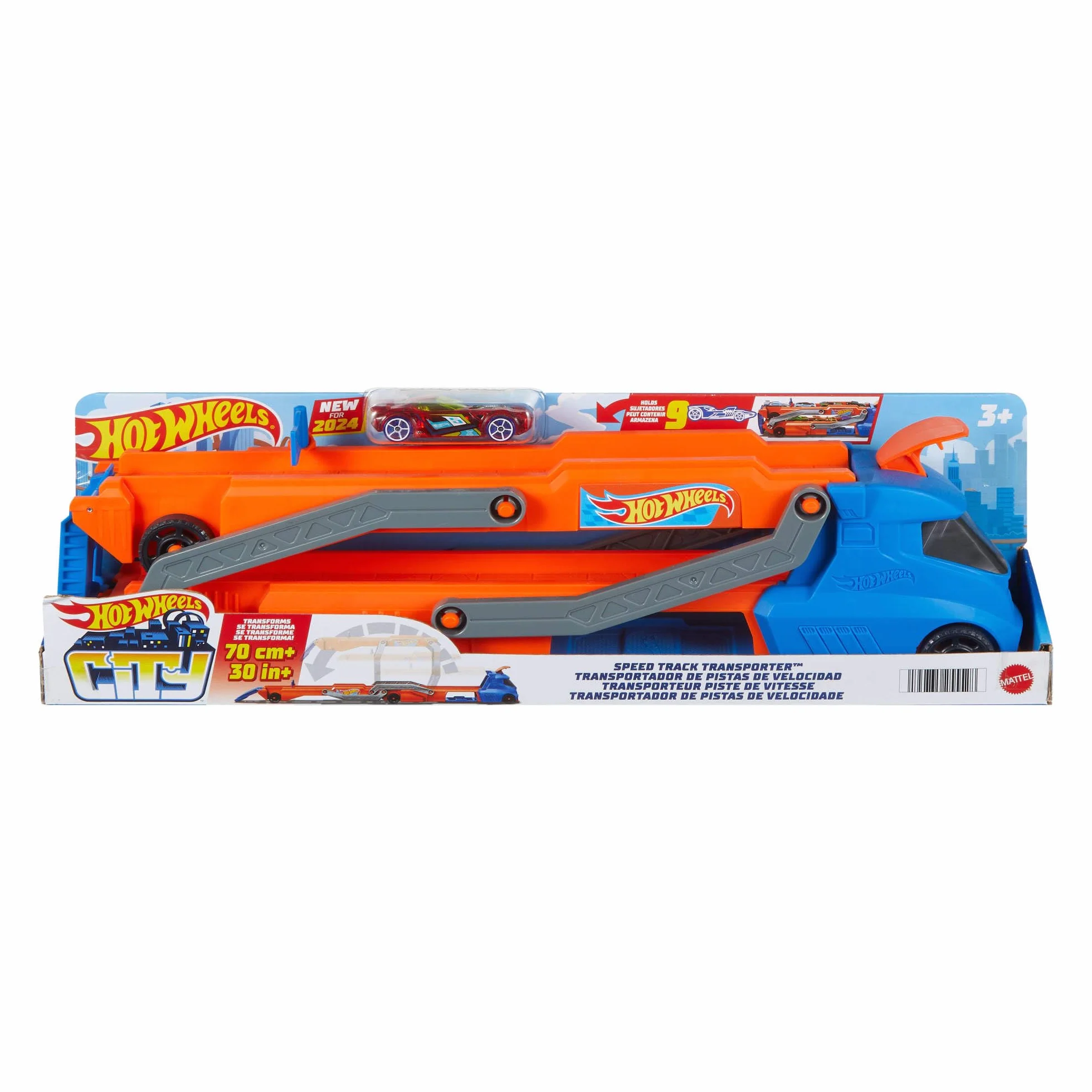 Hot Wheels Miejski transporter Duży pojazd ciężarówka z transformacją w tor wyścigowy (ponad 76 cm) z wyrzutnią, miejsce na 9 aut i 1 samochodzik w skali 1:64, łączy się z innymi zestawami, HYT83