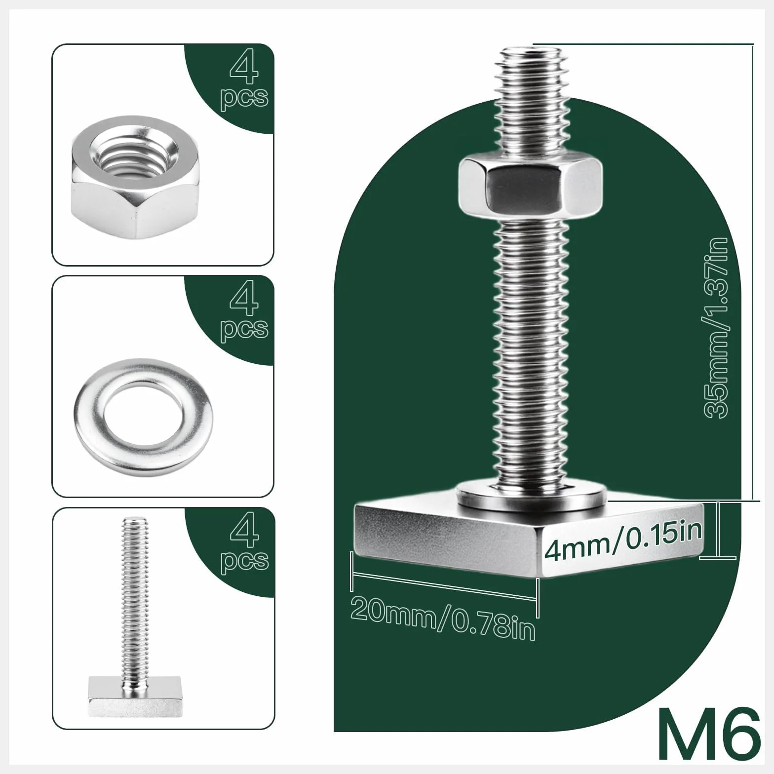 SWTYExt 4 adaptery do rowka T M6 x 35 mm, kompatybilne z bagażnikiem dachowym Thule M6, stal nierdzewna z nakrętkami, podkładki do bagażnika rowerowego, bagażnika dachowego 20 x 20 mm