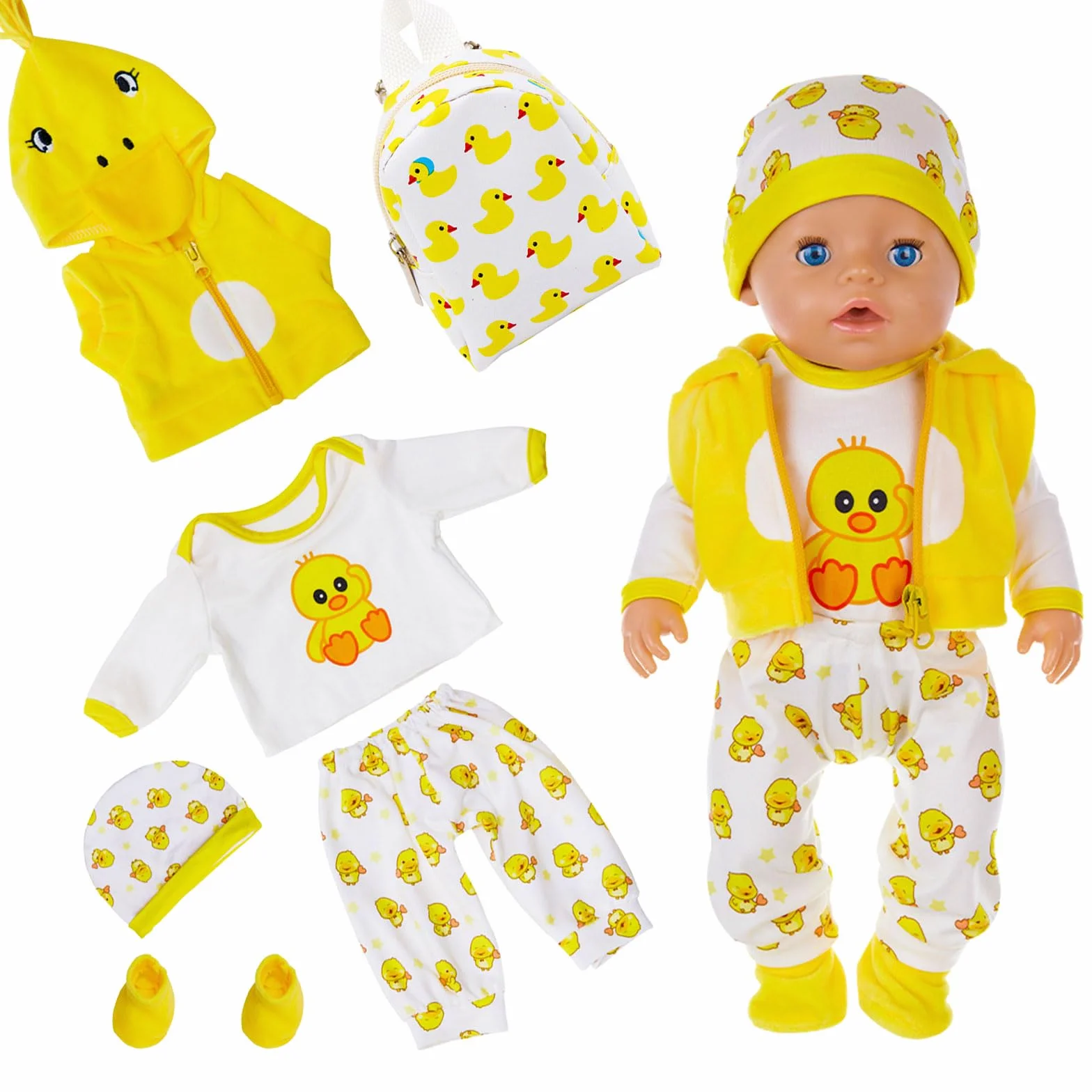 Ubranie dla lalka 35-43 cm, w zestawie: górna część, spodnie, kamizelki, kapelusz, plecak, skarpetki, żółta kaczka, ubrania dla nowego dziecka 14-17 cali, dla chłopców