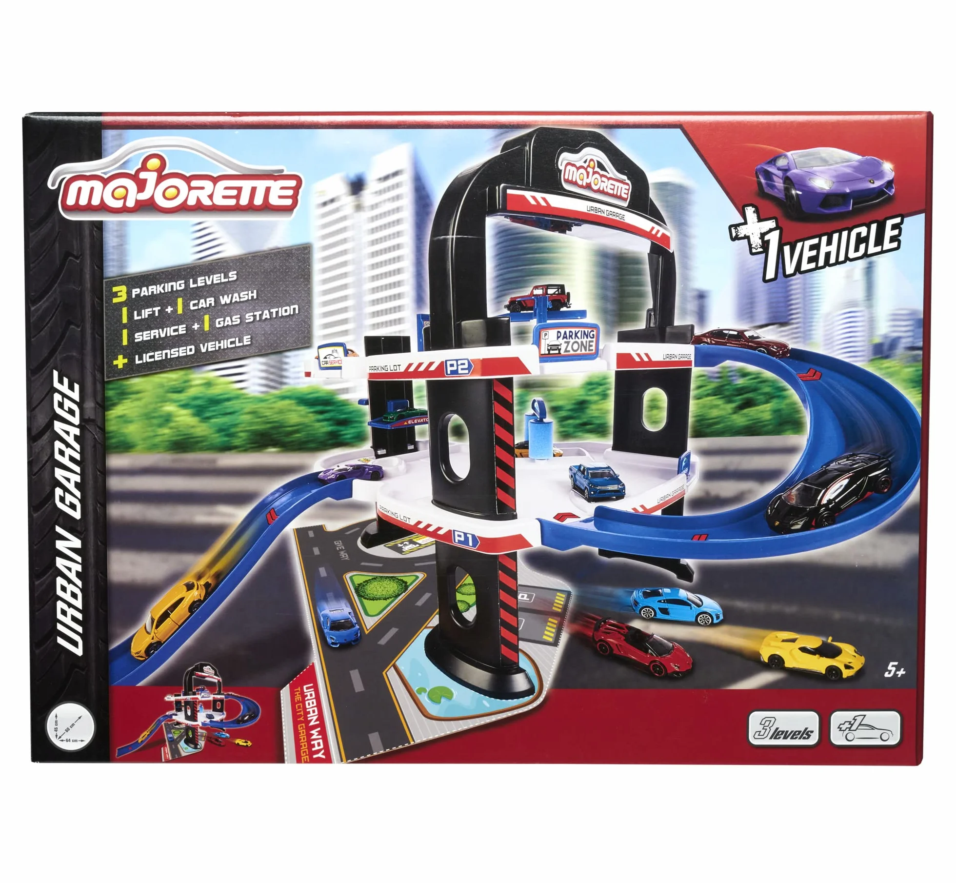 Majorette 212059985 Urban Garage w zestawie samochód zabawkowy, parking z 3 piętrami, parking z ręcznym windą, pralnia i stacja benzynowa, 60 x 60 x 45 cm, dla dzieci od 5 lat, wielokolorowy