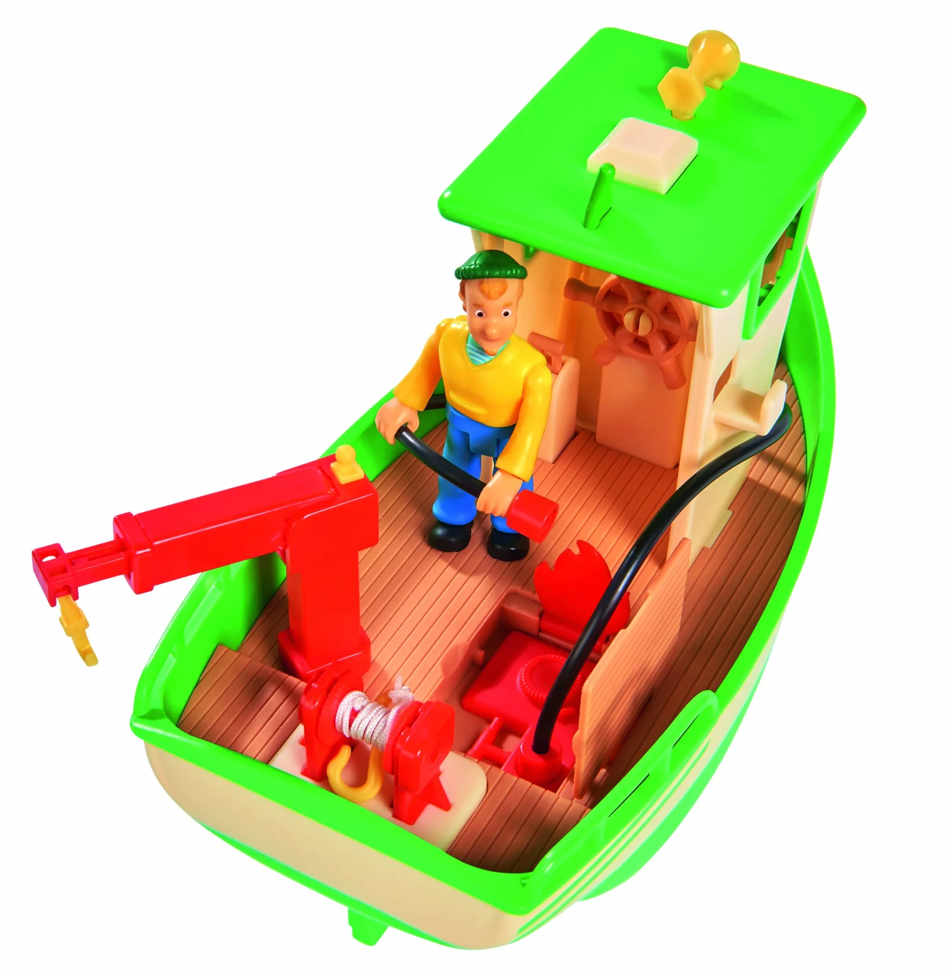 Simba 109251074038 Strażak Sam Pływająca Łódź Rybacka Charliego Z Figurką, Żuraw Ruchomy, Wciągarka Mechaniczna, Zamontowane Koła, Potrafi Jeździć, dla dzieci od 3 lat, wielkość 19 cm