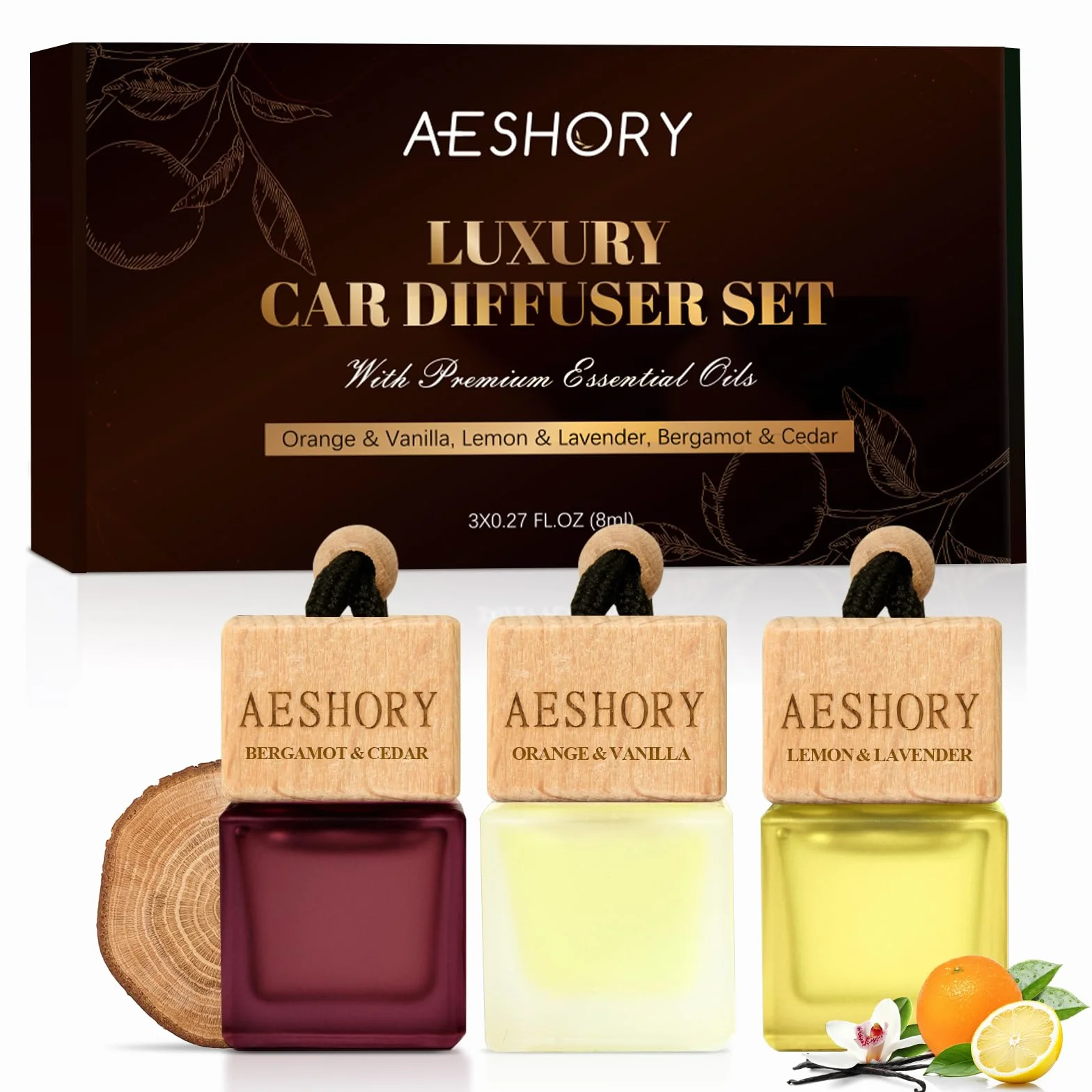 AESHORY Odświeżacz powietrza do samochodu Cytrusy 3 x 8 ml, naturalne olejki eteryczne Wisiorek samochodowy, Odświeżacze powietrza z pochłaniającym zapachy - pomarańczowy i waniliowy, cytryna i