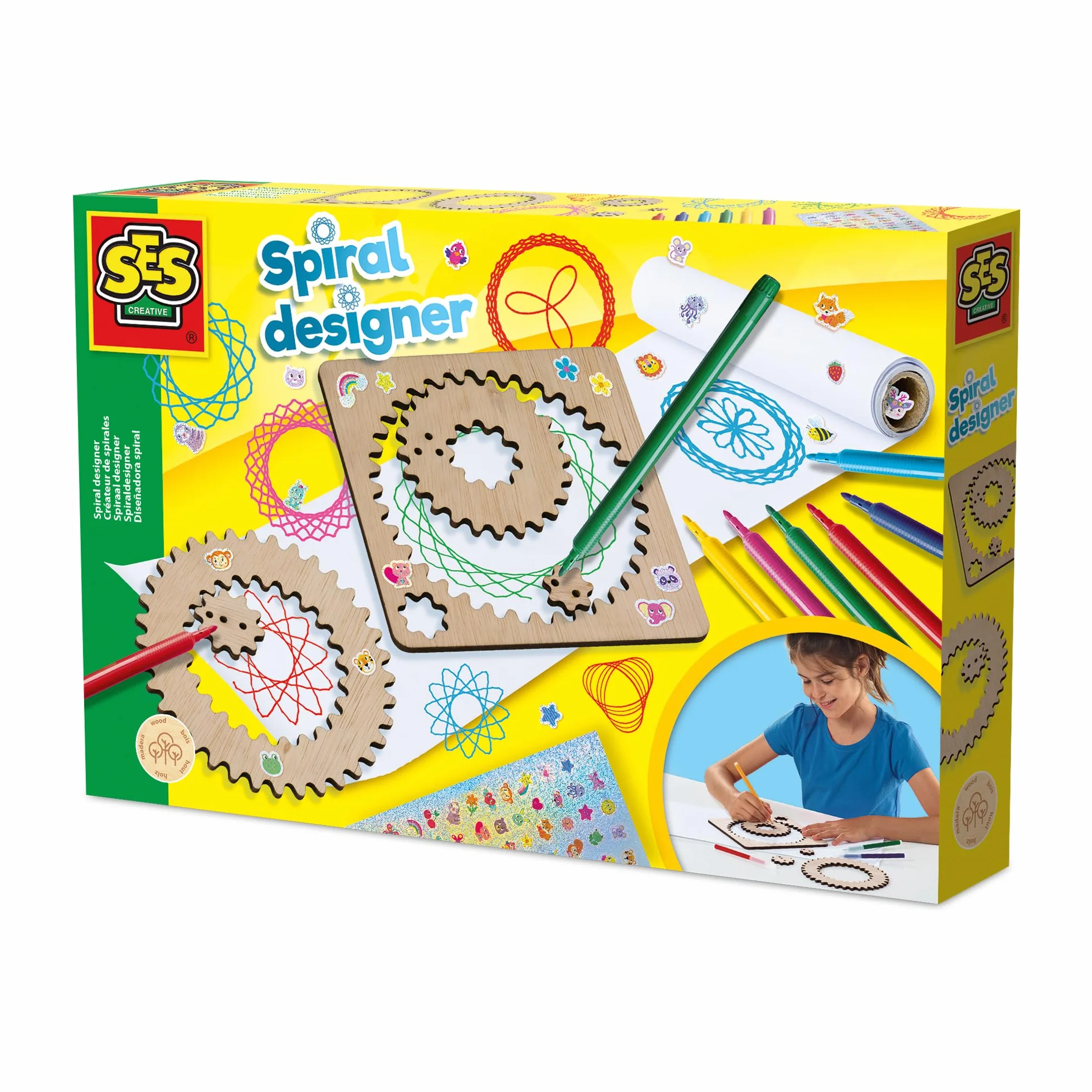 SES Creative 14788 Drewniany projektant spirali - kreatywny zestaw do rysowania dla dzieci w wieku 5+ - stwórz ponad 40 unikalnych wzorów spiralnych z 5 drewnianymi kółkami