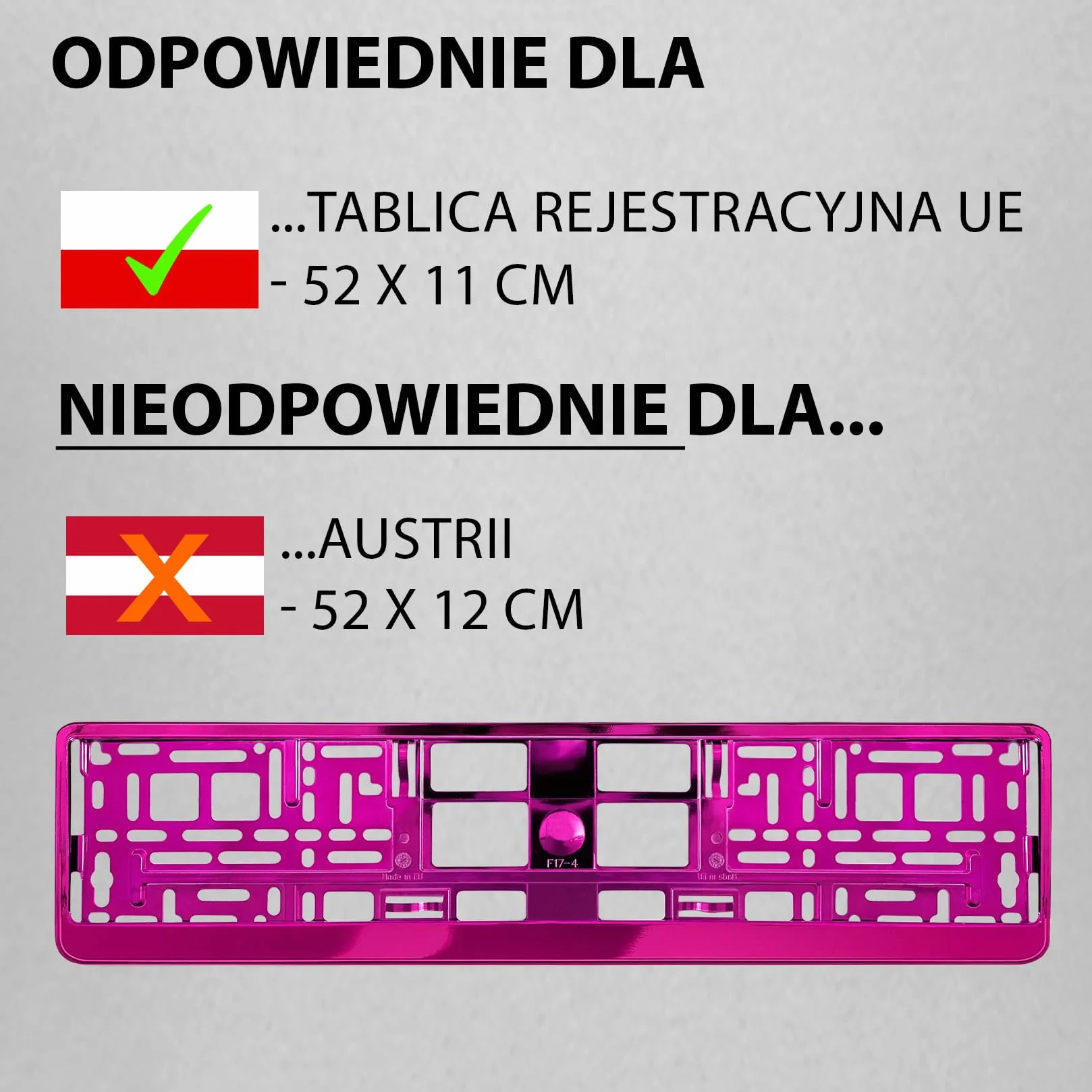 Uchwyt tablicy rejestracyjnej 520x110 mm różowy chrom do polskich tablic PL