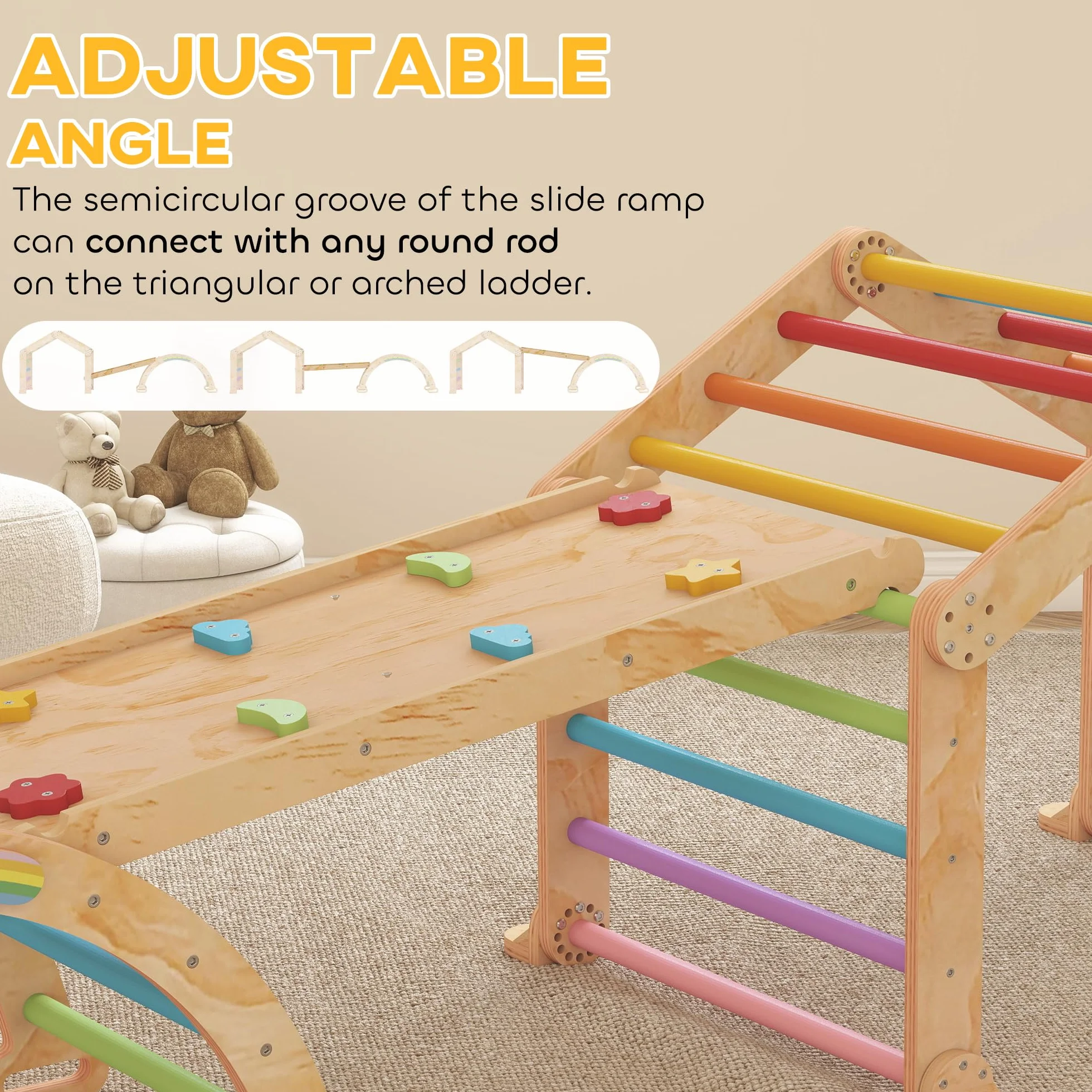 AIYAPLAY Climbing Frame for Toddlers Indoor Climbing Frame, 9 in 1 Wooden Baby Indoor Playground with Ramp, Slide, Arch, Ladder, Blackboard, Play Jungle Gym Climber for Kids 1.5-4 Years Old