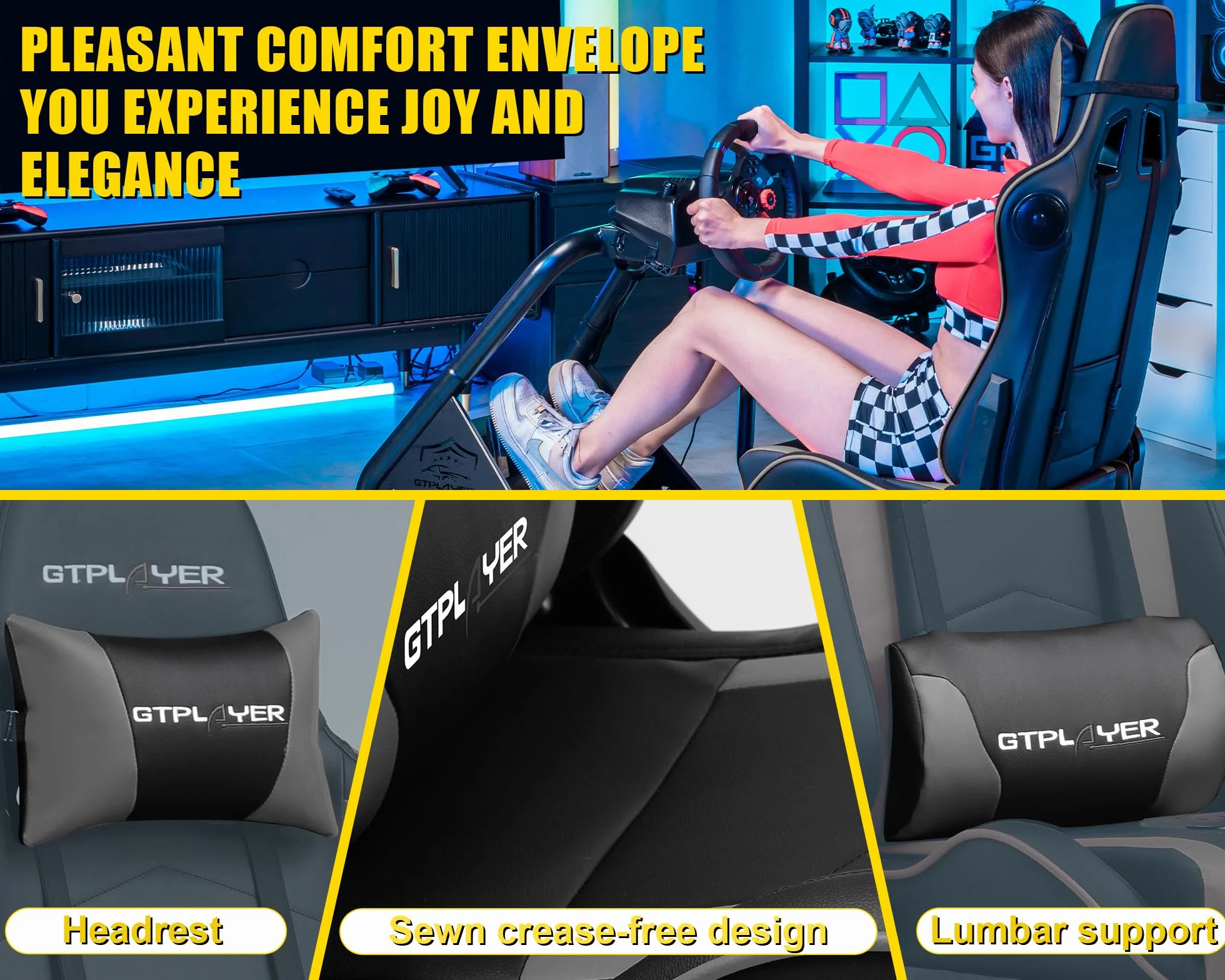 GTPLAYER Wysokiej jakości kokpit Sim Racing, symulator jazdy, fotel symulacyjny PC z głośnikiem, kierownicą i uchwytem na pedały