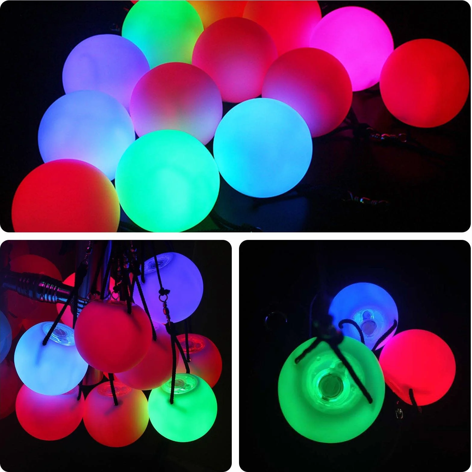 Piłki LED Poi: 2 sztuki kul LED Glow Poi z tęczowymi kolorami i efektem stroboskopowym, piłki do żonglowania z regulowanymi podwójnymi szlufkami, dla początkujących i profesjonalistów