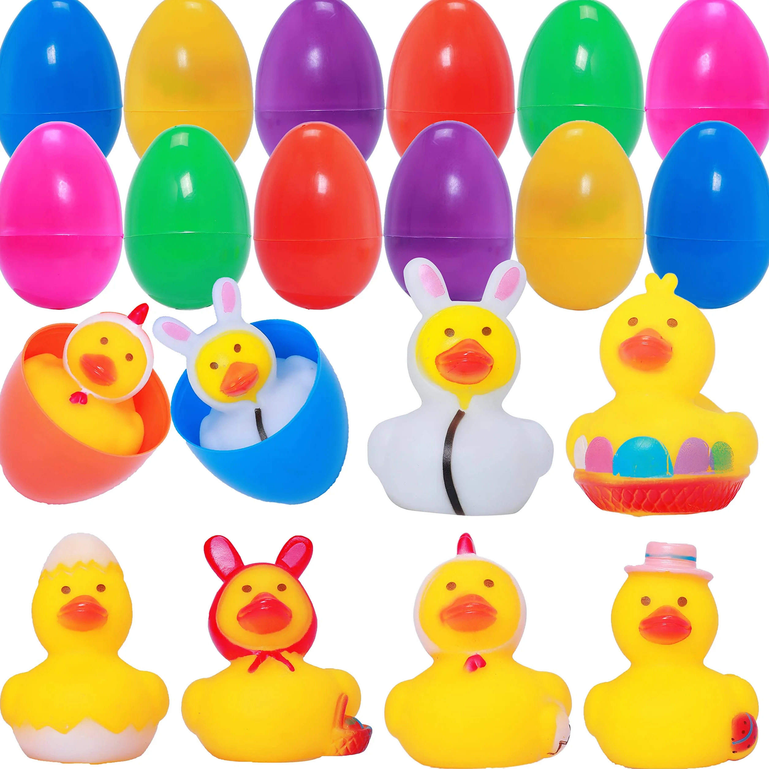 JOYIN 12 opakowań jajek wielkanocnych wypełnionych gumowymi kaczkami, polowanie na jajka wielkanocne, wypełnianie koszy dla dzieci, upominki wielkanocne, materiały do nagród klasowych, plaża letnia