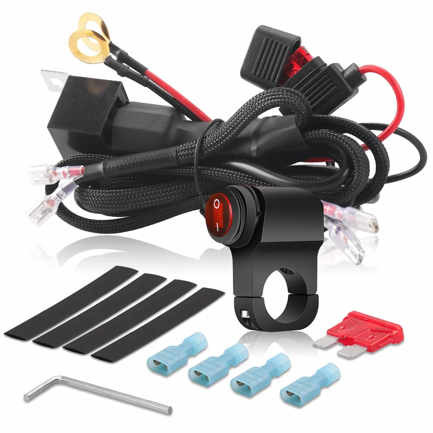 Erato Zestaw okablowania światła LED do motocykla, 2 przewody, nylonowa wiązka przewodów 7/20.3 cm, przełącznik kierownicy, 12 V, 40 A, przekaźnik 10 A, bezpiecznik rzędowy, 18 AWG, do listwy