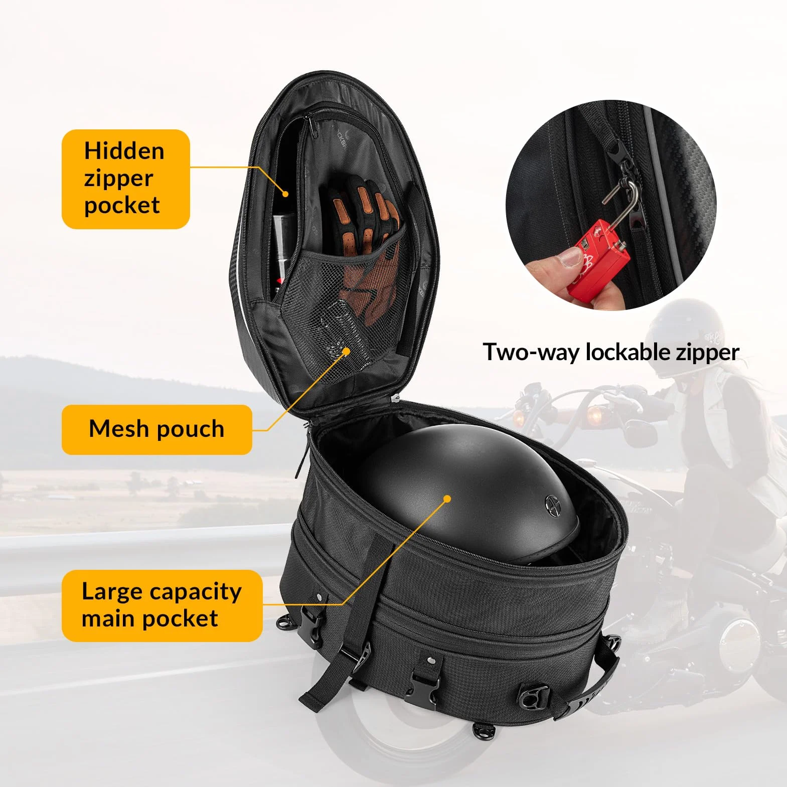 ROCKBROS Torba Motocyklowa na Bbagażnik, Duża Pojemność 20-35L, Solidna, Trwała, Rozbudowy, z Wodoodporną Osłoną i Paskiem na Ramię, Uchwyt na Kask z Zamkiem do Motocykli Skuterów Motorowery, Czarny
