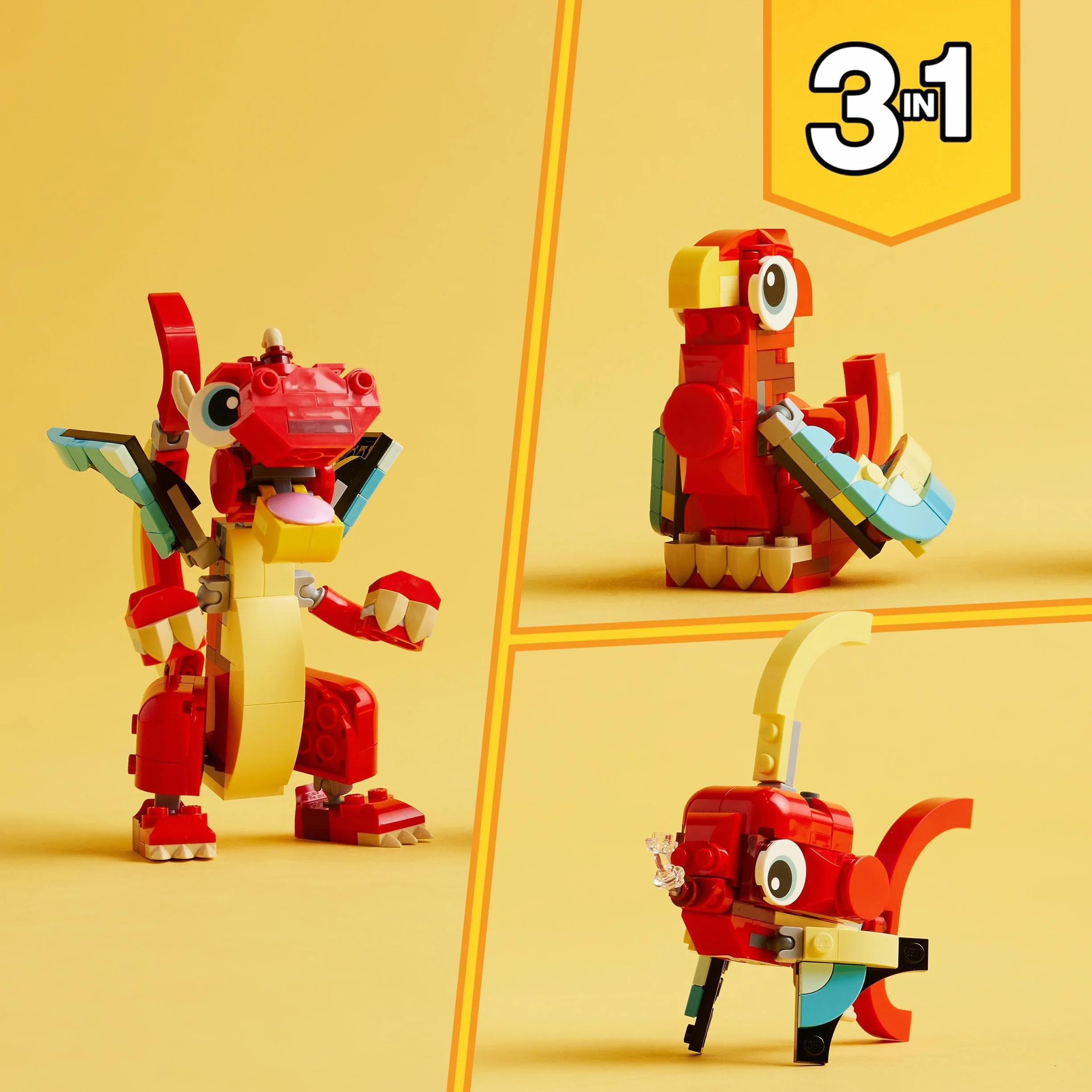 LEGO Creator 3in1 Red Dragon Toy to Fish Figure to Phoenix Bird Model, Animal Figures Set, Gifts for 6 Plus Year Old Boys, Girls and Kids 31145
