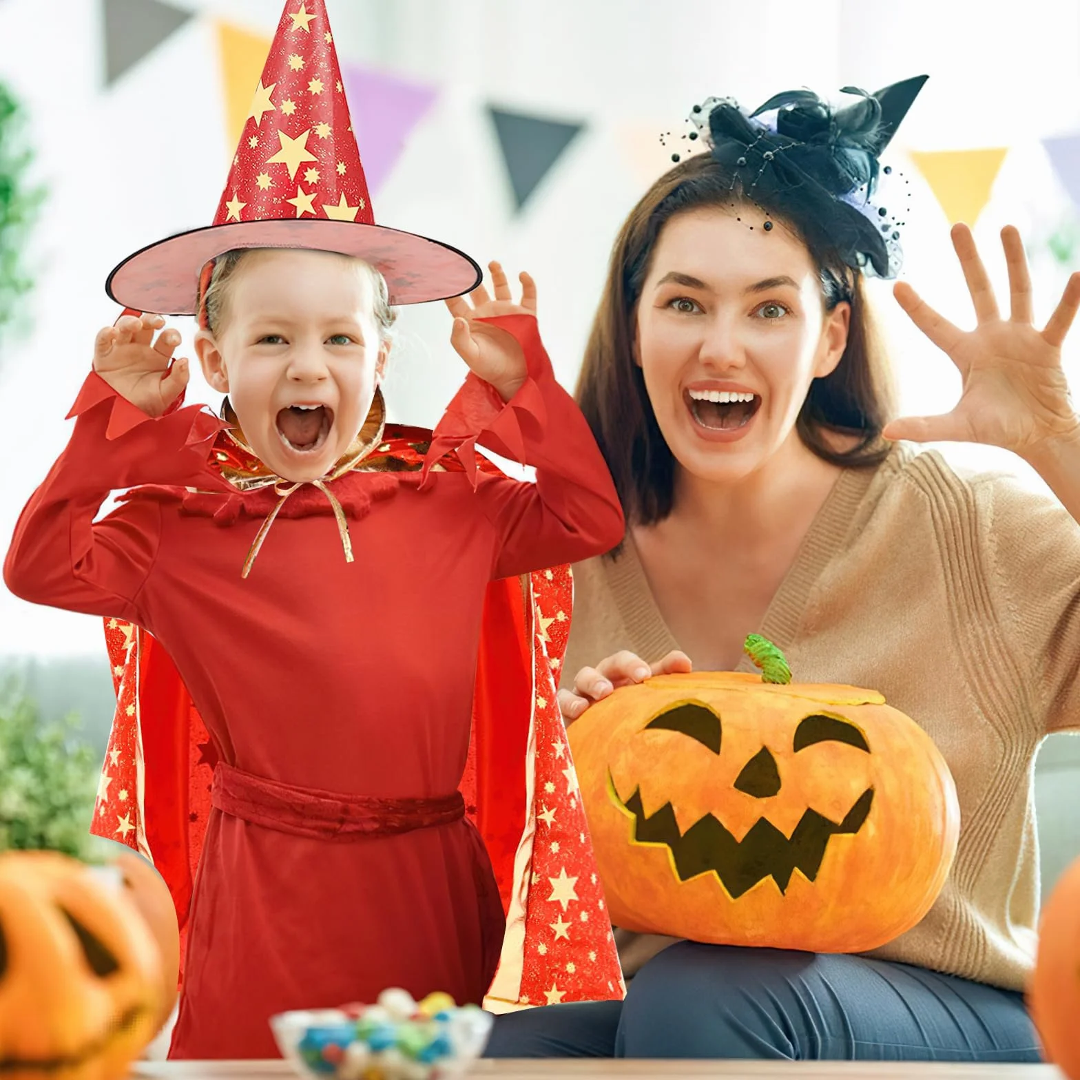 Kapelusz i peleryna czarodziejki, peleryna czarownicy z kapeluszem, peleryna maga dziecięca, peleryna dyniowa Halloween, płaszcz czarownicy, peleryna czarodziejska