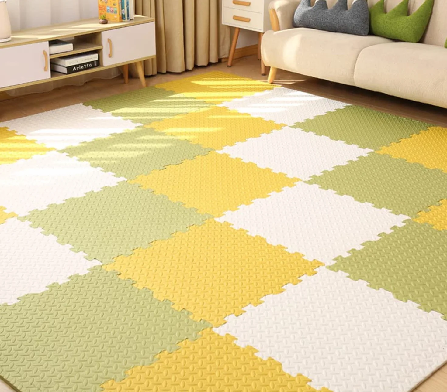 18 puzzli z pianki EVA, mata do raczkowania, mata do zabawy, antypoślizgowa mata ochronna, 30 x 30 x 1,2 cm, maty treningowe, maty do jogi, białe + żółte + zielone