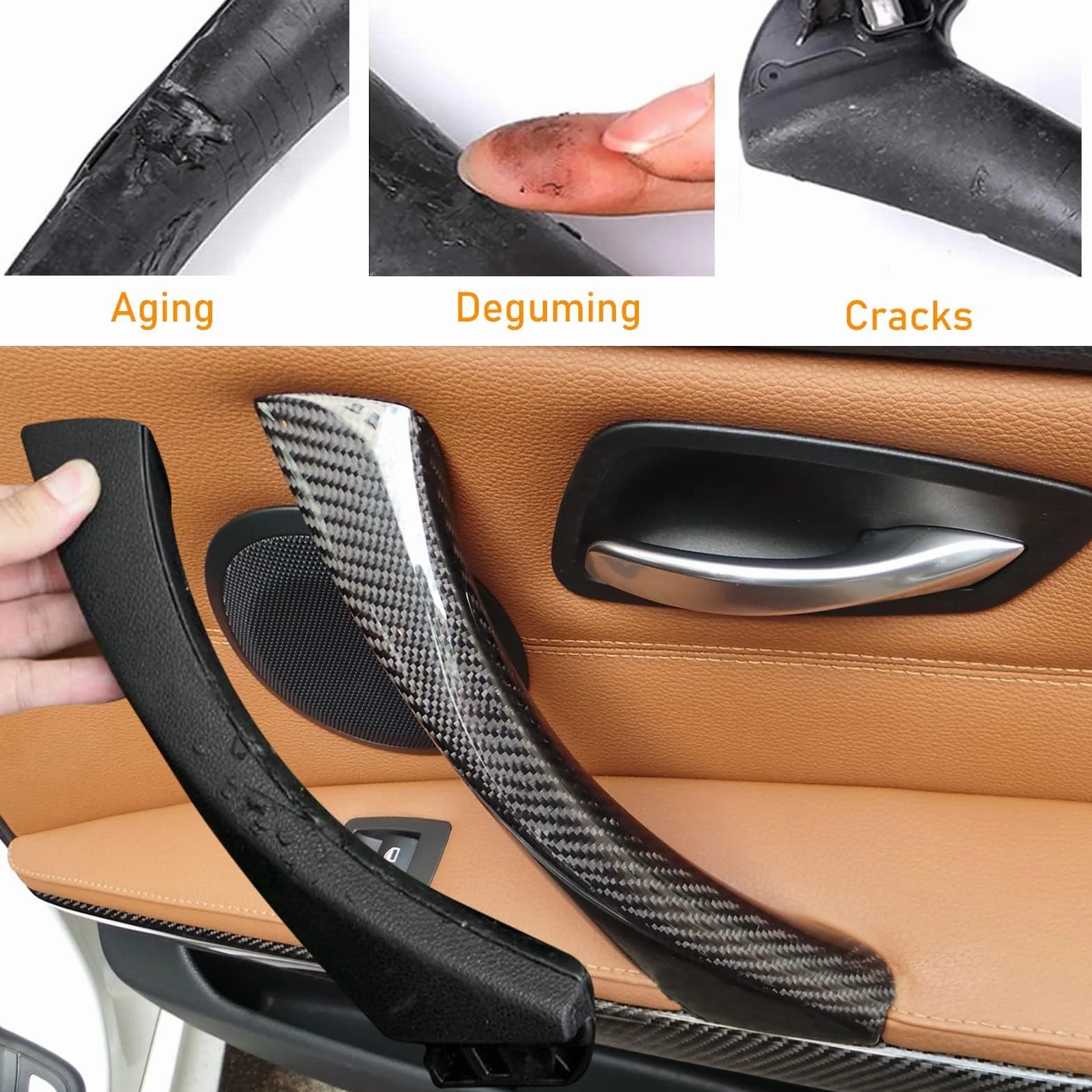 TTCR-II Zamiennik klamki drzwi kompatybilny z BMW serii 3 E90 E91 E92 E93 323 325 328 330 335 Sedan Touring, prawa tylna klamka drzwi pasażera + zewnętrzna osłona klamki drzwi - (wzór z włókna