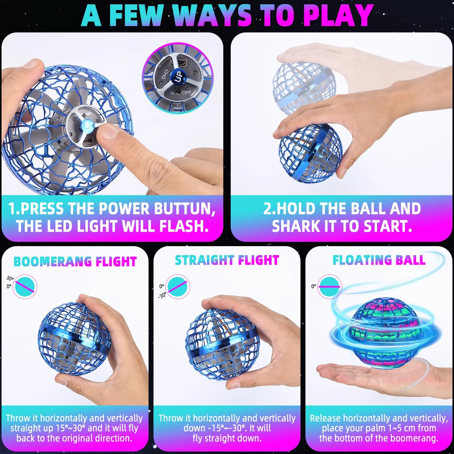 Latająca kula LED, Magic Flying Orb ze sterowaniem ręcznym, pływająca piłka Hoverball, świecący spinner, mini dron dla dzieci do użytku wewnątrz i na zewnątrz, fajna zabawka na prezent dla