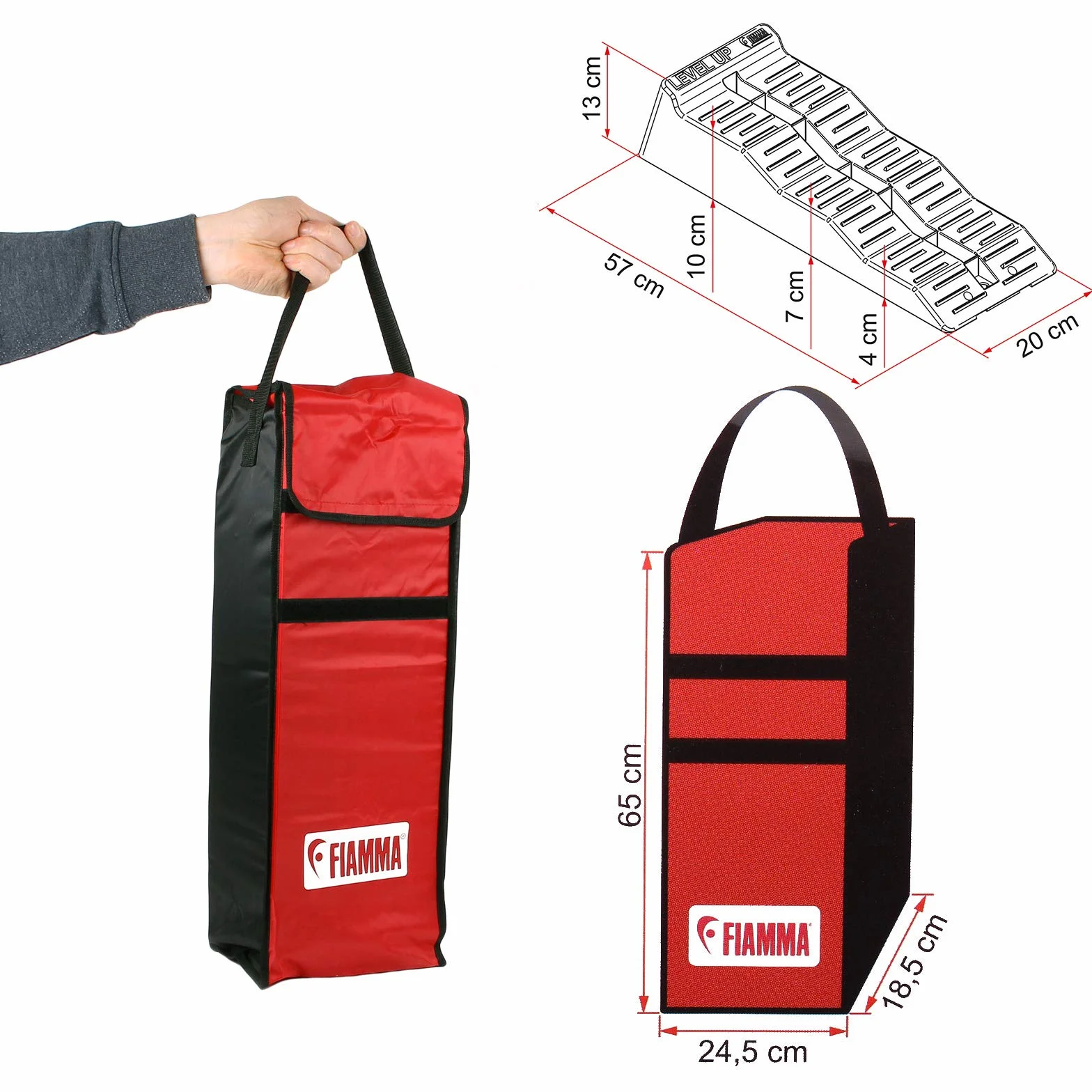 Fiamma® Level Up kliny wyrównawcze | zestaw 2 szt. + torba do przenoszenia | 4-10 cm | szary | poziomownik | kliny