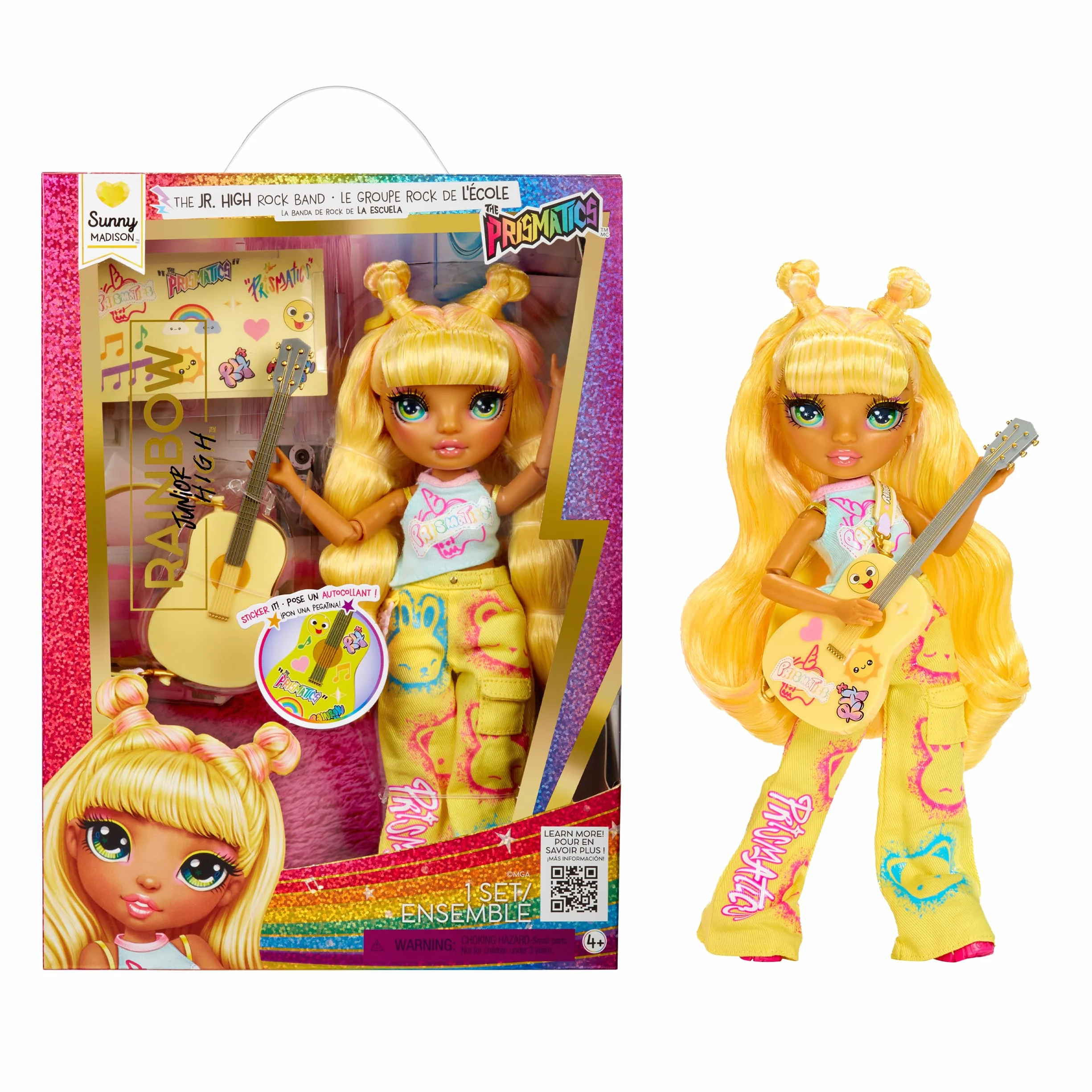 Rainbow High Junior High Rock Band - Sunny, Żółta - 23 cm Modna Lalka z Gitarą. Możliwość Personalizacji za Pomocą Naklejek, Przegubowa. Zabawka dla Dzieci od 4. Roku Życia