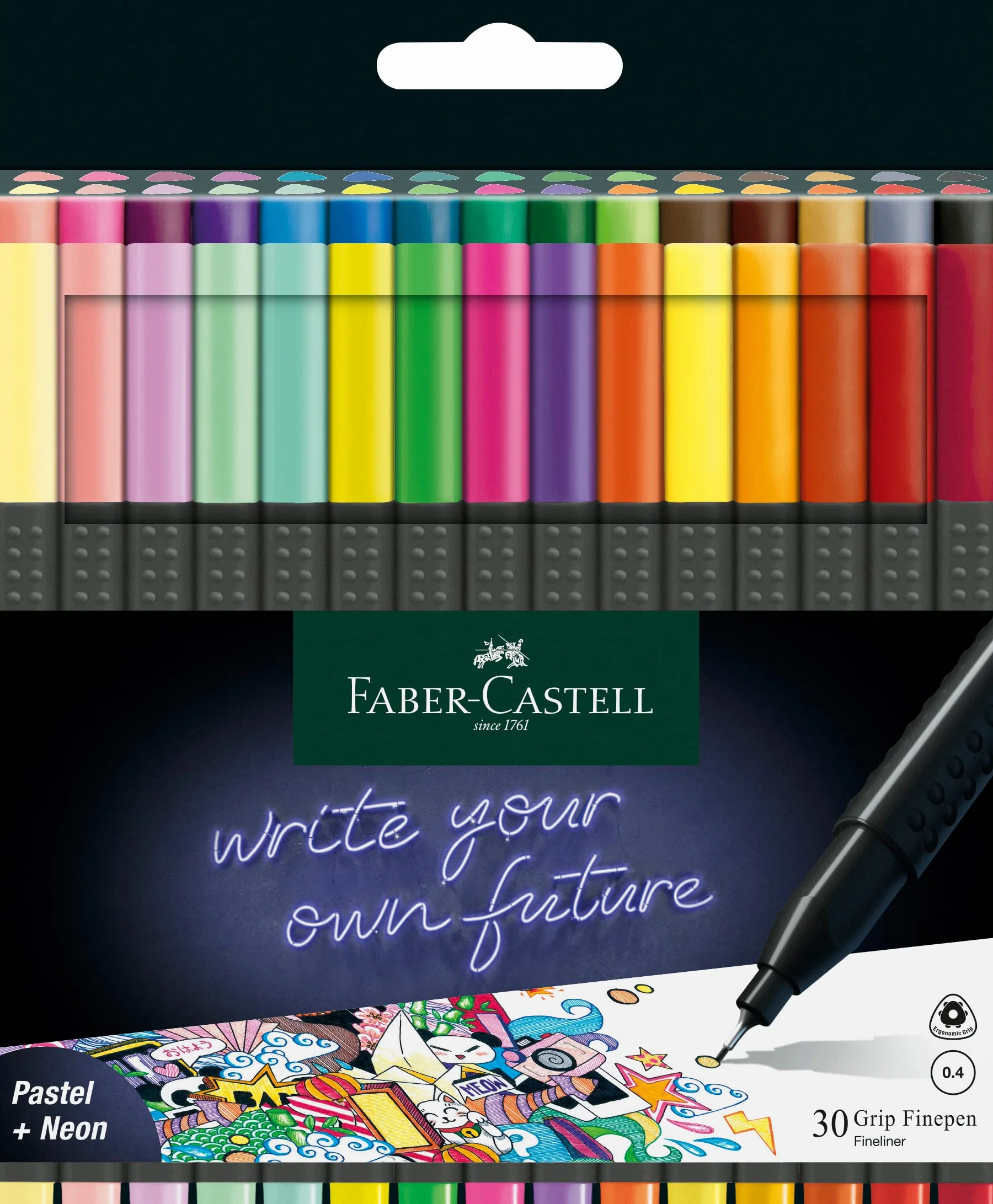 FABER-CASTELL 151630 – pudełko zawierające 30 pisaków Grip Fineliner, pisaki Fineliner 0,4 mm z ergonomicznym uchwytem, pisaki z cienką końcówką dla dorosłych