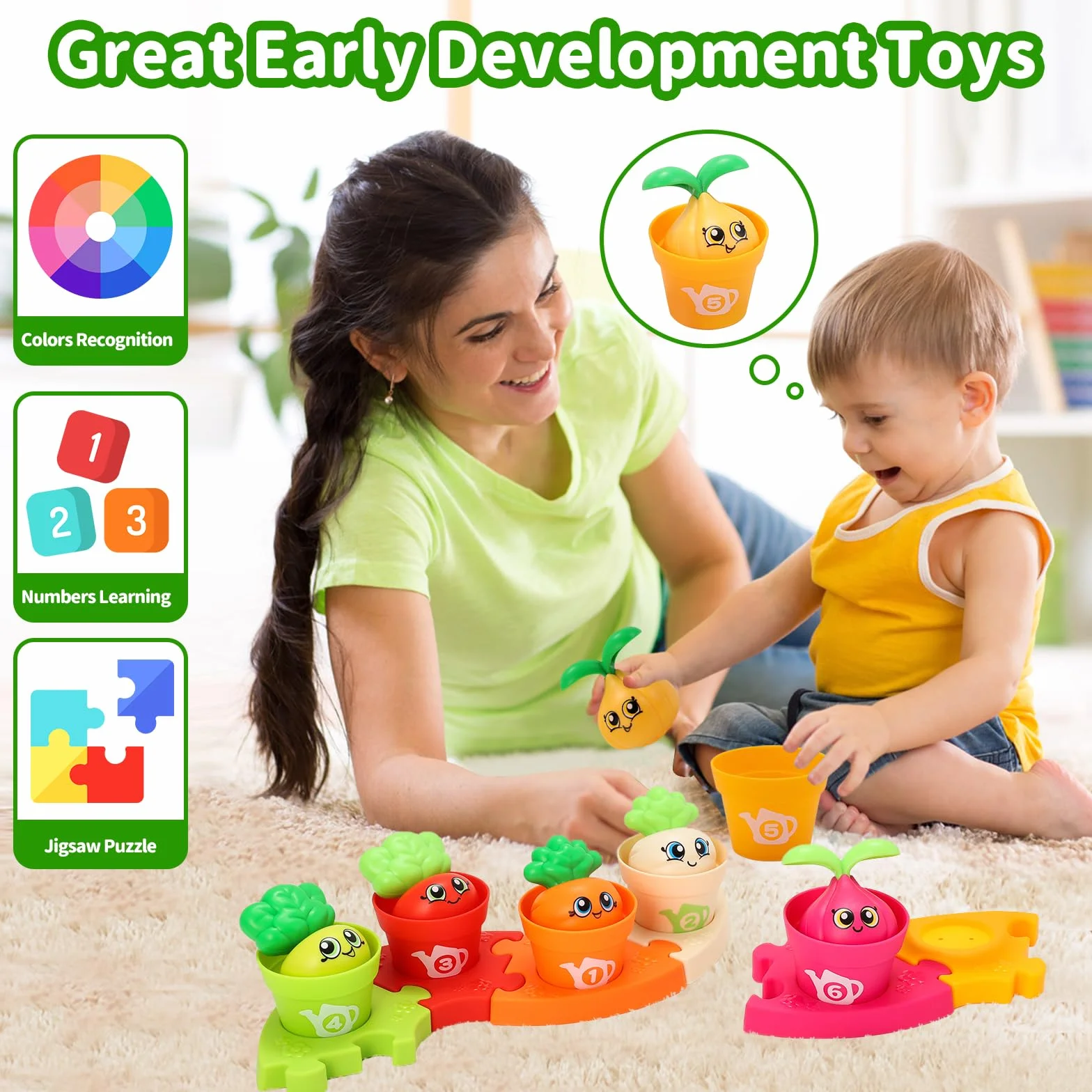 MOONTOY Montessori gry 1 rok, zestaw 18 doniczek i puzzli, liczenie, dopasowanie, sortowanie kolorów i zabawki do układania w stos, zabawki edukacyjne, prezenty dla chłopców, dziewcząt, 1, 2, 3 lata