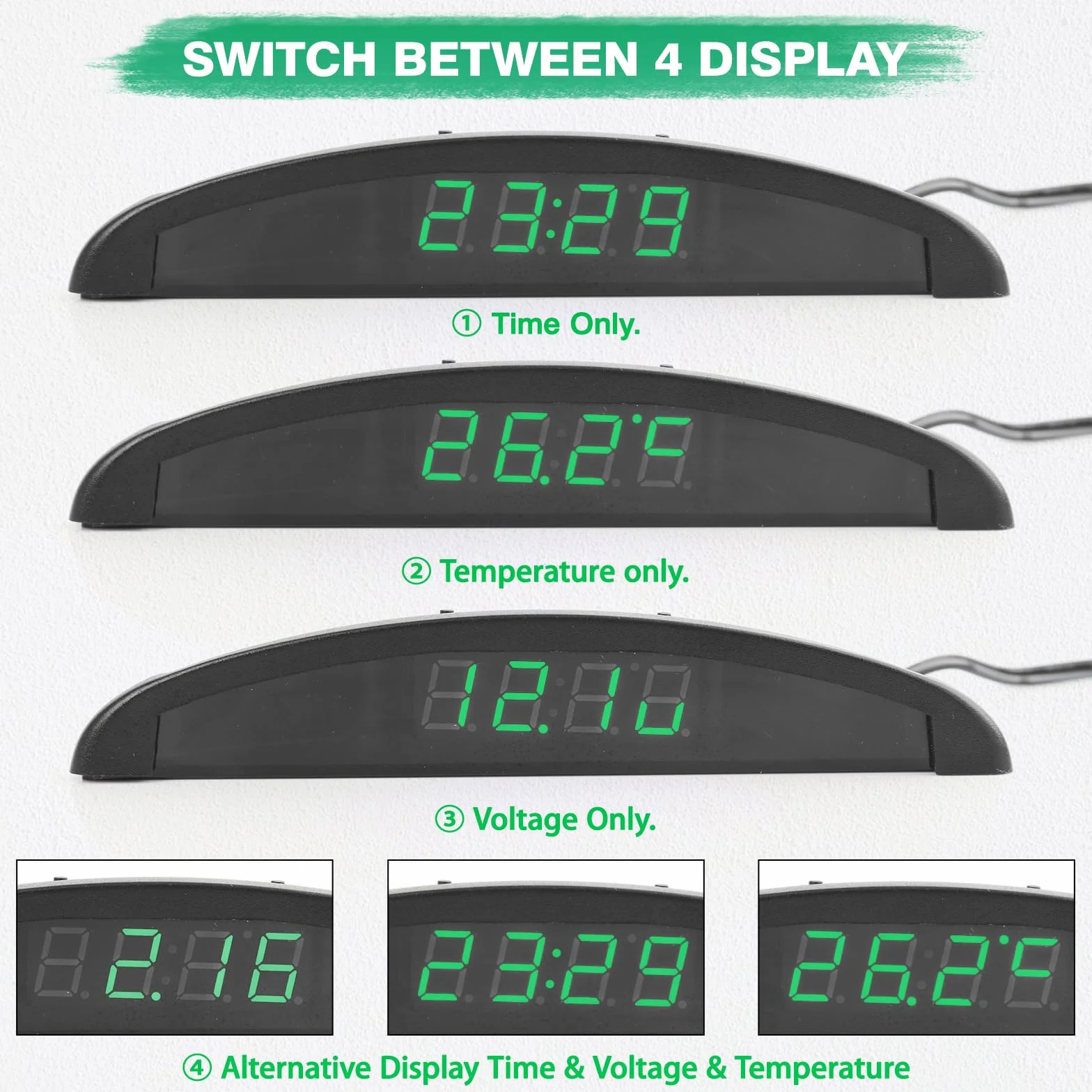 Riloer Zegar temperatury samochodowej, uniwersalny cyfrowy zegar deski rozdzielczej z termometrem i miernikiem napięcia z wyświetlaczem LCD do wnętrza samochodu, zielony
