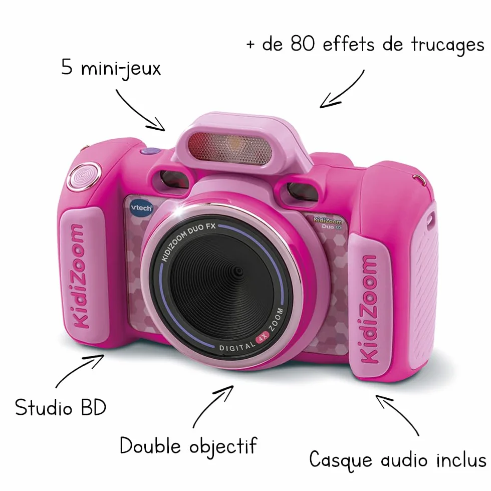 VTech - KidiZoom Duo FX Rose, aparat cyfrowy dla dzieci, fotografia, selfie, wideo, kolorowy ekran, studio komiksowe, filtry i efekty Rigolos, prezent dla dzieci od 4 lat do 12 lat - Zawartość w