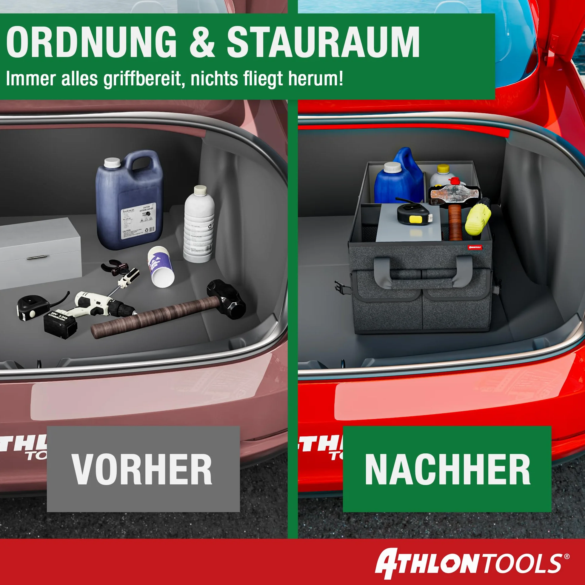 ATHLON TOOLS Organizer do bagażnika XXL – składany organizer samochodowy – torba do bagażnika, antypoślizgowa, wzmocniona, stabilna torba do bagażnika z pokrywą – pudełko samochodowe do przechowywania