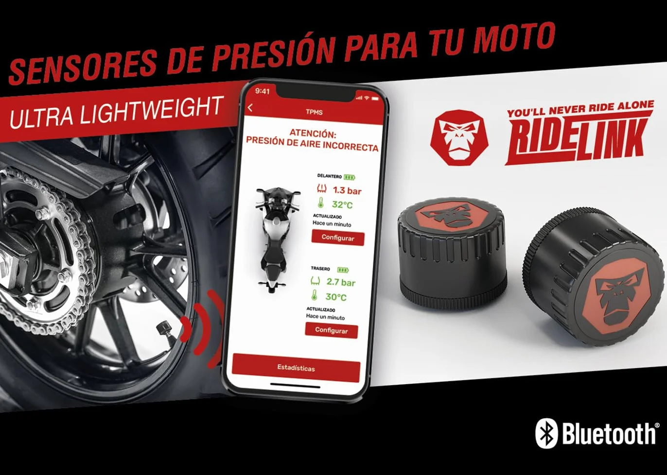 RDKS czujniki – precyzyjny system kontroli temperatury i ciśnienia w oponach motocyklowych, 2 x TPMS czujnik ciśnienia w oponach 3,5", Bluetooth 5.0, nawigacja, śledzenie, planowanie trasy,