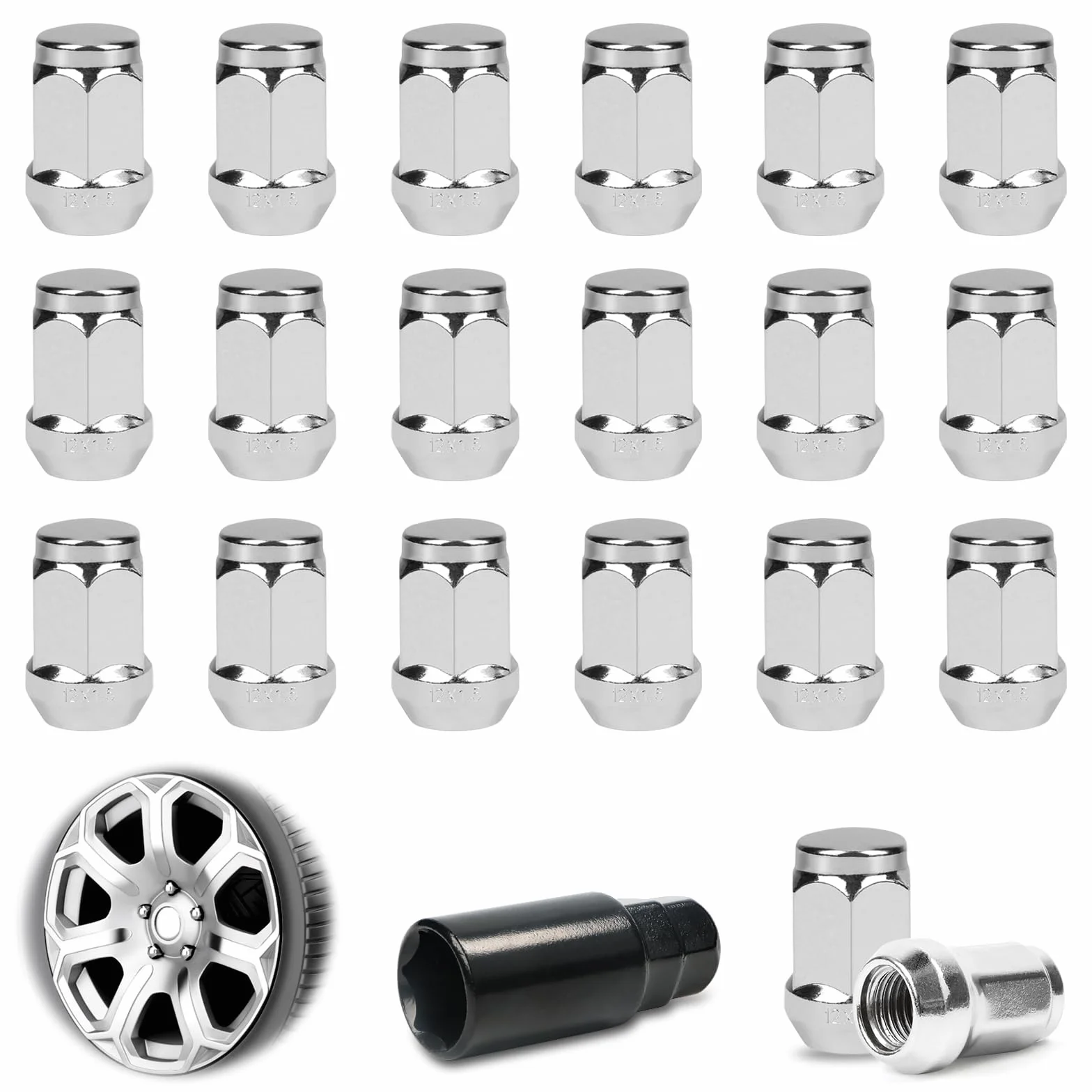 Nakrętki do kół M12 x 1,5, stalowe obręcze, 60°, zamknięte, stożkowe, nakrętki do kół, chromowane, z Fordem Chrysler, Toyota Hyundai Kia Mazda, 21 sztuk, uniwersalne nakrętki samochodowe