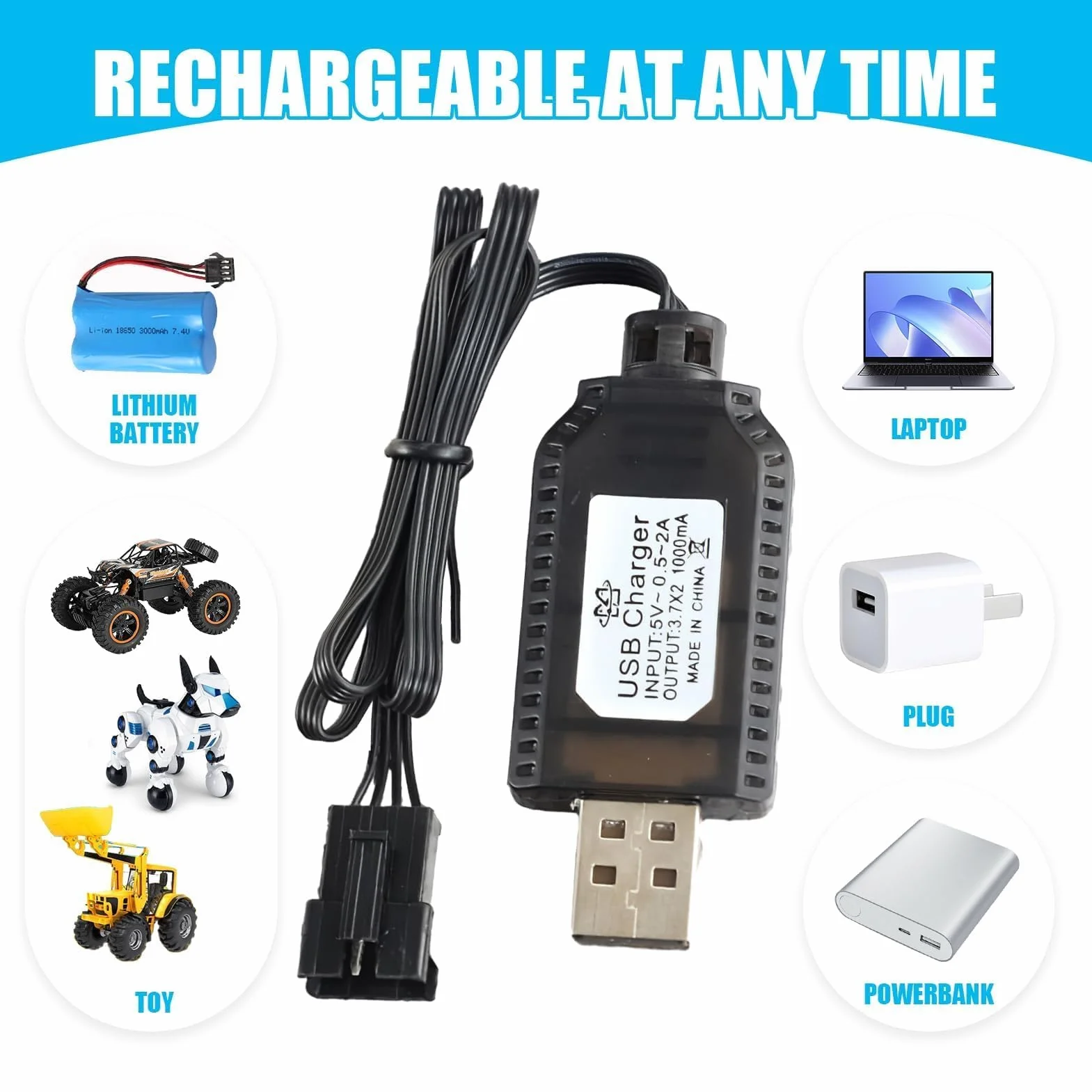 Kabel USB do ładowania RC Ładowarka uniwersalna z wtyczką SM-4P do akumulatora 2S 7,4 V LiPo kompatybilny z samochodem RC / samochodem / samolotem / dronem / RC i innymi zdalnie sterowanymi zabawkami