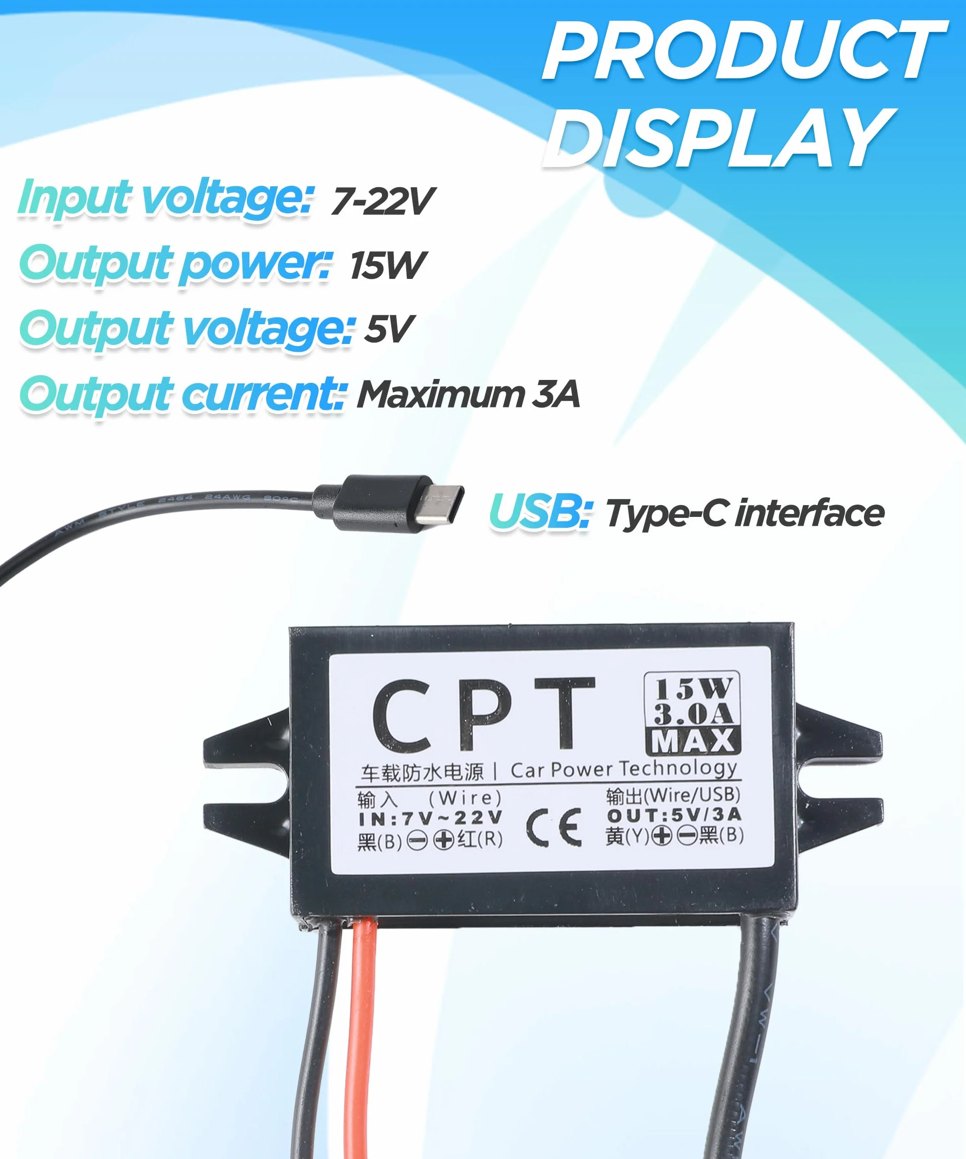 Konwerter mocy do samochodu, wodoodporny konwerter DC-DC 12 V do 5 V 3 A ze złączem adaptera typu C, regulatorem napięcia samochodowego USB, odpowiedni do pojazdów, ciężarówek, przyczep