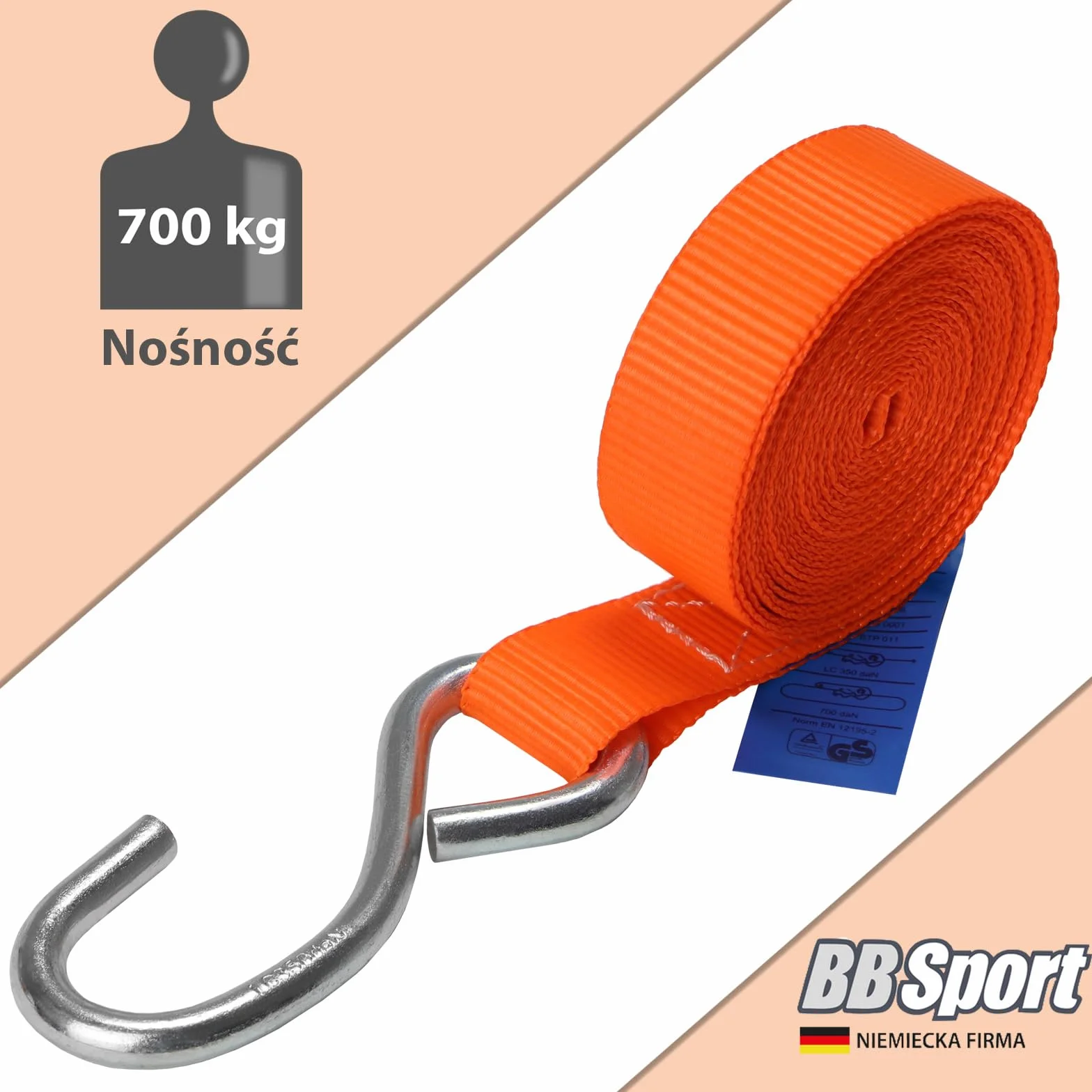 Pas transportowy z napinaczem i hakiem 4 sztuki 25 mm x 4 m pomarańczowy 700 kg DIN EN 12195-2
