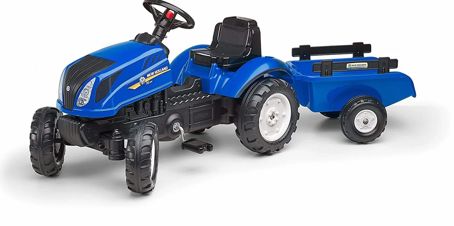 Falk Tractor de New Holland Leaf traktor z przyczepą do pedałów – od 2 lat otwarta osłona silnika – kierownica z klaksonem – 3080AB, niebieska, L