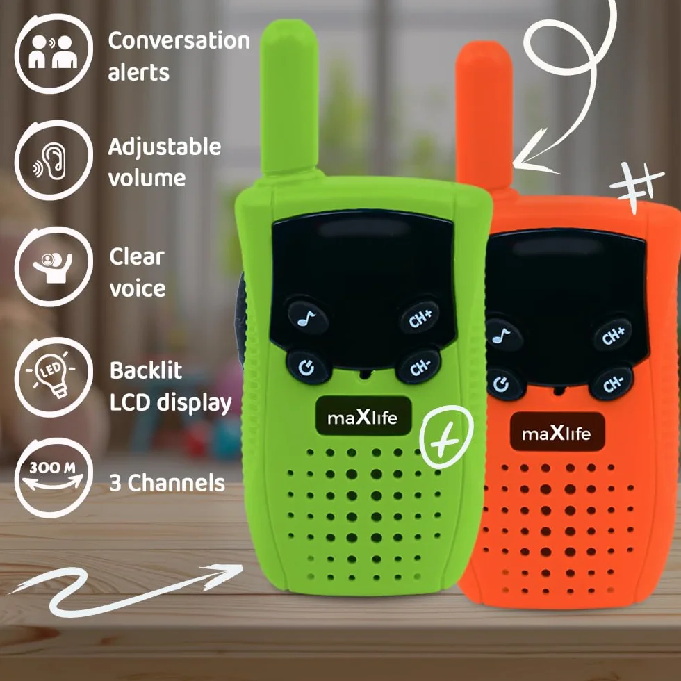 Maxlife Zestaw Walkie Talkie MXWT-100 Pomarańczowo-Zielony - 3 Kanały Komunikacji - Zasięg do 3km - Ergonomiczny Design - Podświetlany Wyświetlacz LCD - Idealne dla Dzieci i Nastolatków