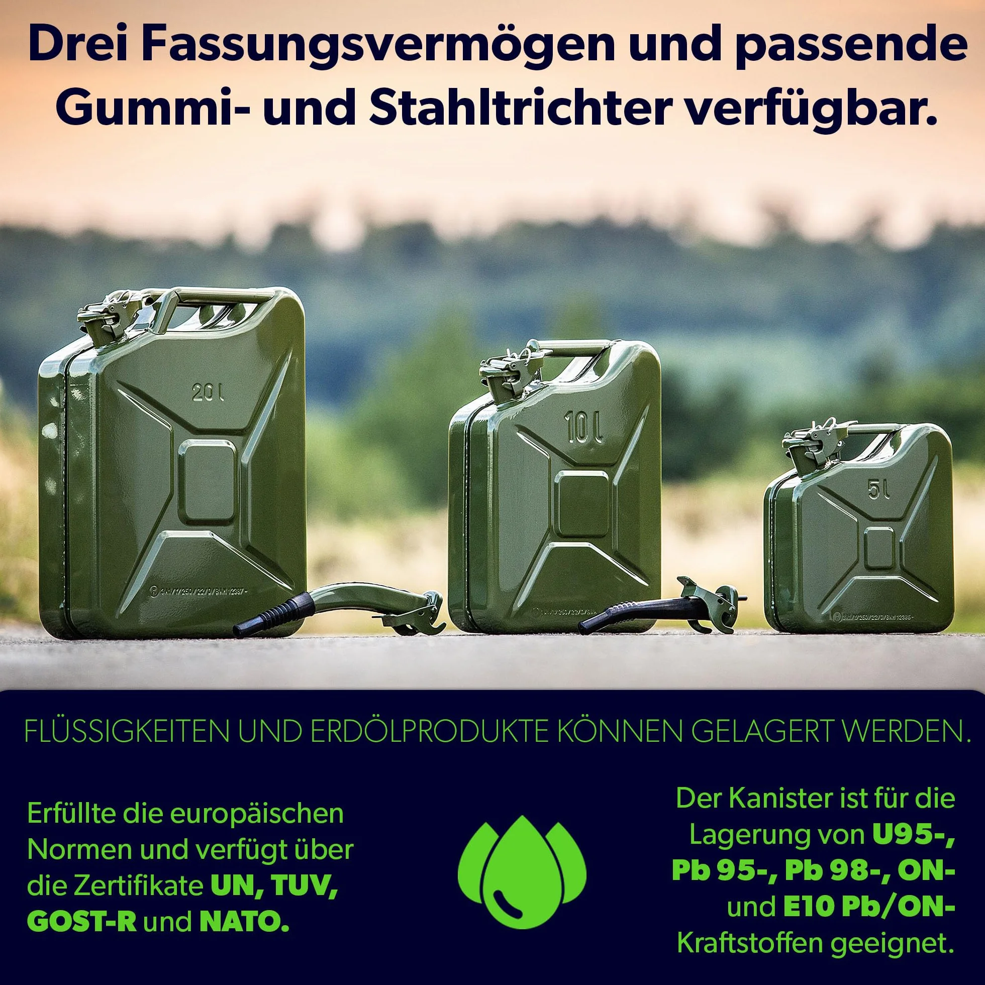 KADAX Kanister na paliwo 20 l, stal 0,8 mm, potrójny uchwyt, zielony