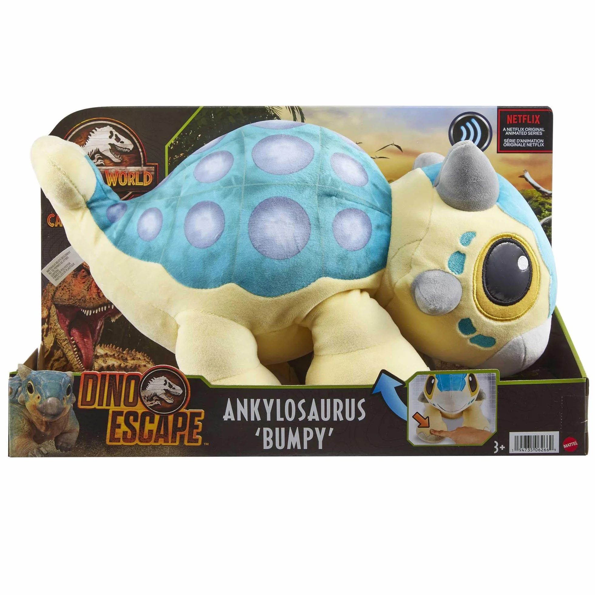 Mattel Jurassic World Ankylozaur Bumpy Pluszak z funkcją, ryki i miękkie nogi, miękka zabawka do zabawy i drzemki inspirowana serialem „Park Jurajski: Obóz Kredowy', dinozaur Rózia, HHB48