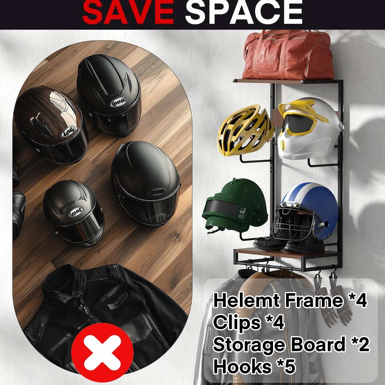 Mocowanie na kask motocyklowy CASDUCT Zestaw mocowania na kask motocyklowy do ściany, zestaw 4 sztuki, mocowanie na blat stołu z 2-warstwowa deskami drewnianymi, uchwyt na kask motocyklowy z