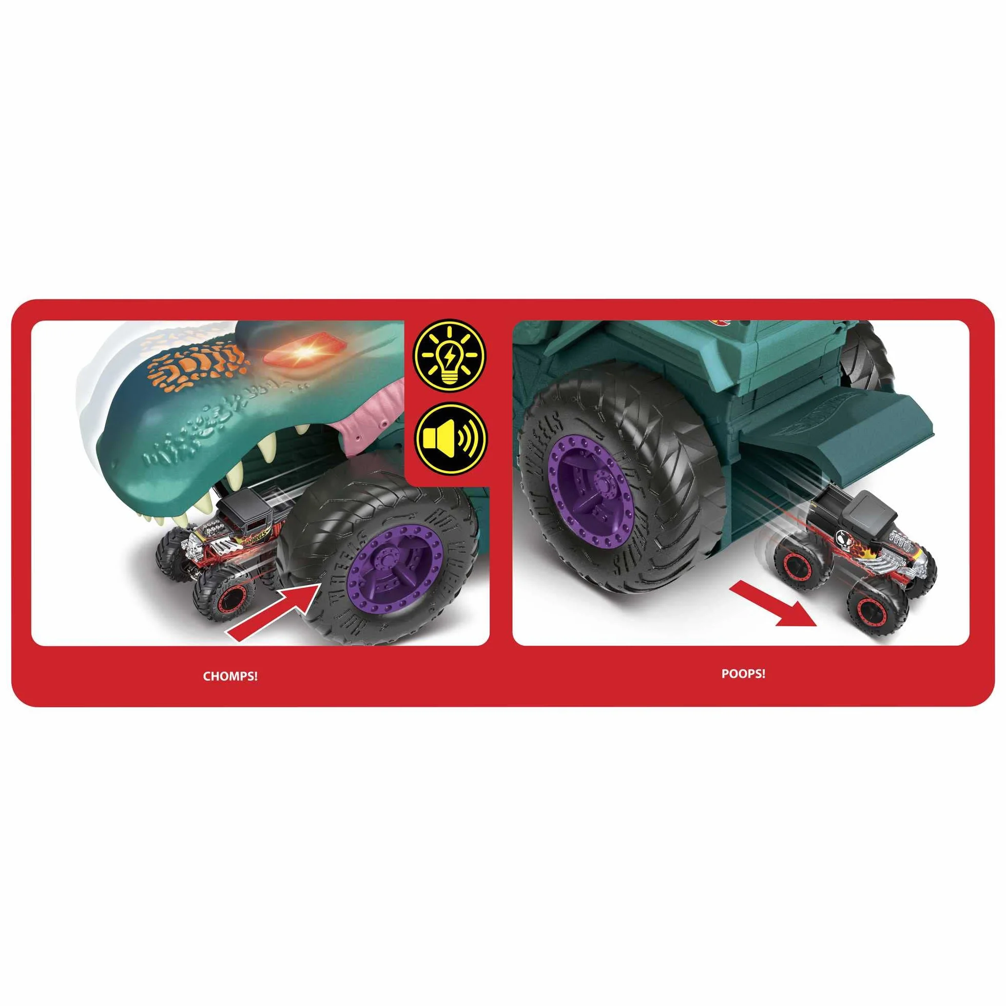 Hot Wheels Monster Trucks Pożeracz aut Mega Wrex Duży pojazd ze światełkami i efektami dźwiękowymi, „pożera” i „wypuszcza” metalowe autka i Monster Trucki w skali 1:64, od 4 roku życia, GYL13