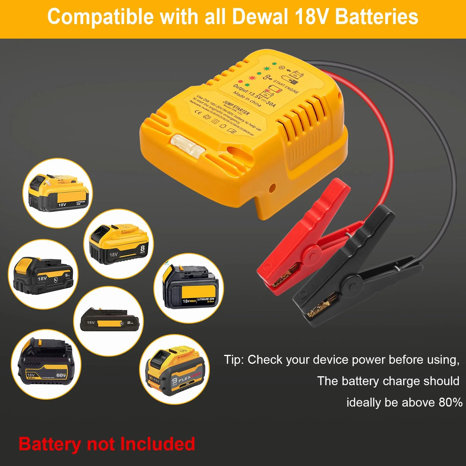 Urządzenie ułatwiające rozruch samochodu, kompatybilne z akumulatorem Dewalt 18 V – przenośne urządzenie ułatwiające rozruch i adapter powerbanku, akumulator 12 V, idealny do pomocy w przypadku awarii