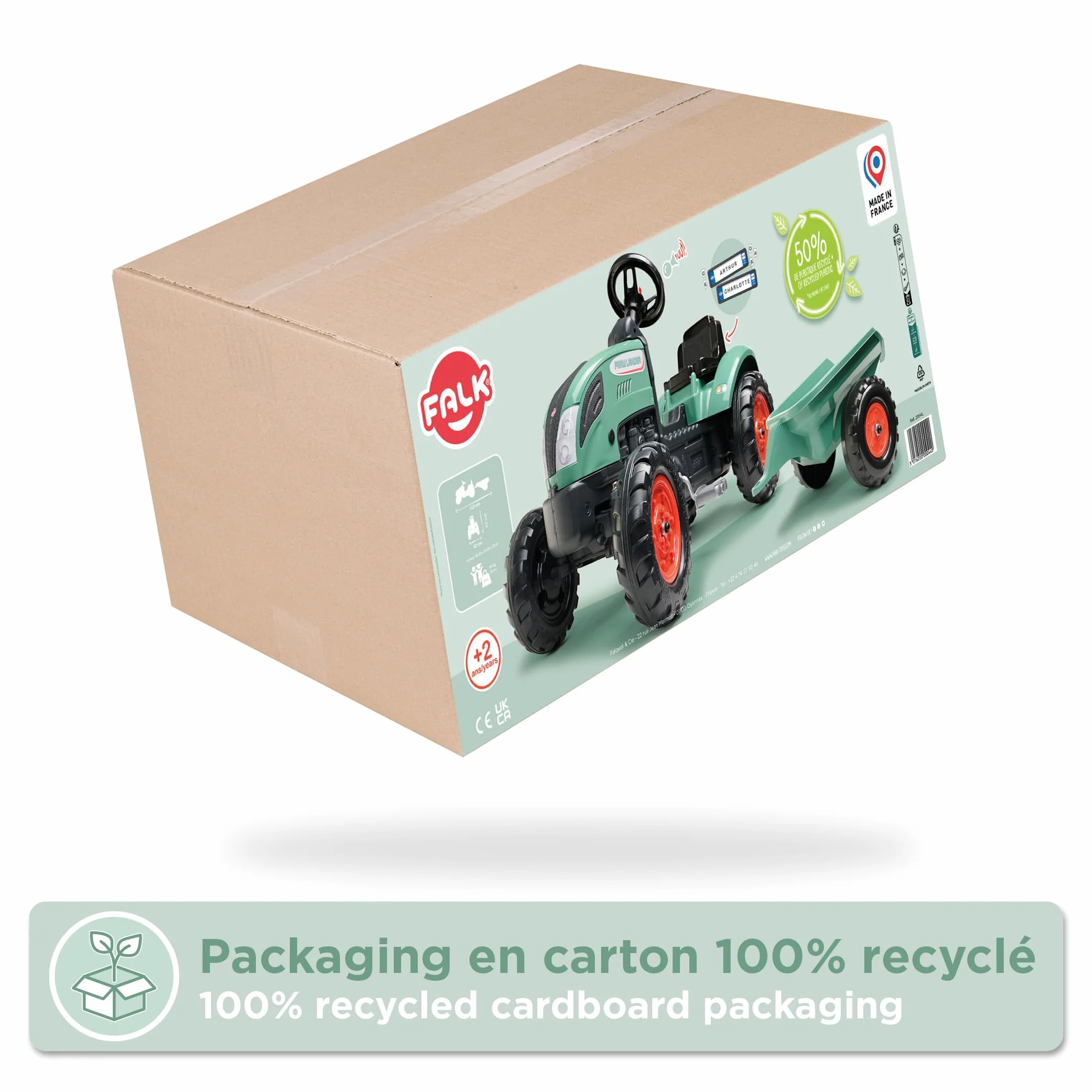 FALK Ciągnik pedałowy Farm Lander z przyczepą-od 2 lat - 50% plastiku pochodzącego z recyklingu - Wyprodukowano we Francji - Kierownica z klaksonem-2054L, 2054L, Ciemnozielony-2054L