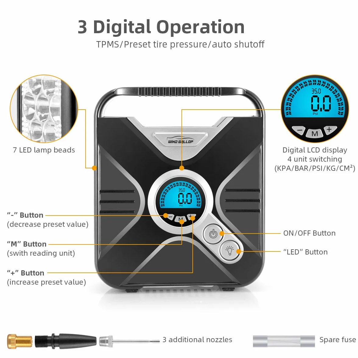 Pompa do Opon Samochodowych 12V, Przenośny Kompresor Powietrza z Manometrem i Oświetleniem LED