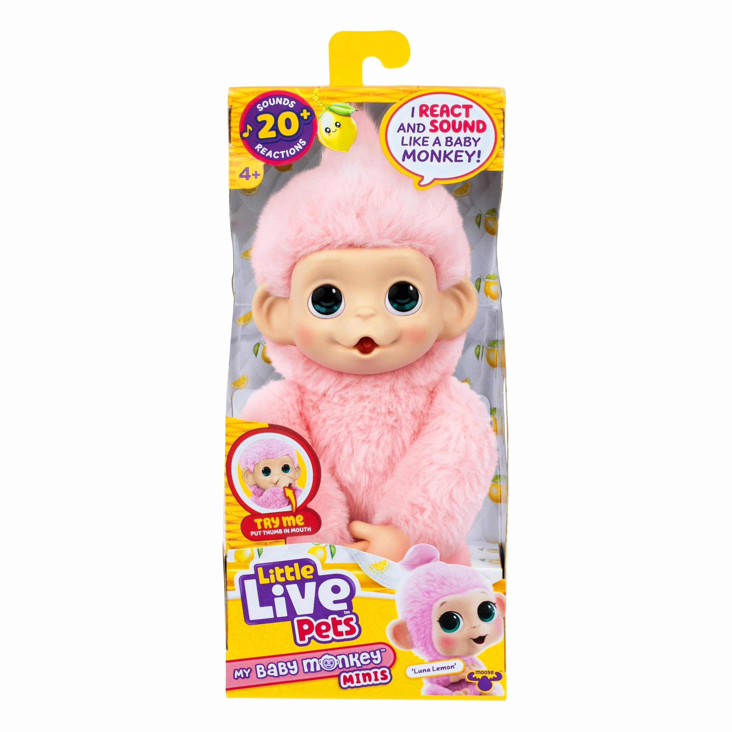 Little Live Pets Baby Monkey Minis – Luna Lemon. Interaktywna zabawka dla zwierząt domowych. Ponad 20 dźwięków i reakcji. Miękkie różowe futro. 18,8 cm wysokości. Karmić, pielęgnować. Reaguj