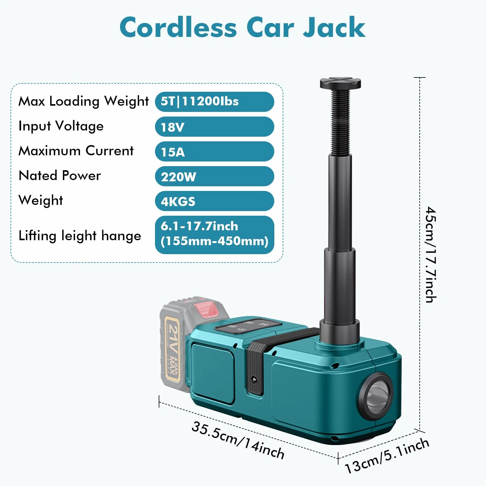 Makita Podnośnik hydrauliczny 5T 18V elektryczny podnośnik samochodowy z pompą i światłem LED 15,5-45 cm