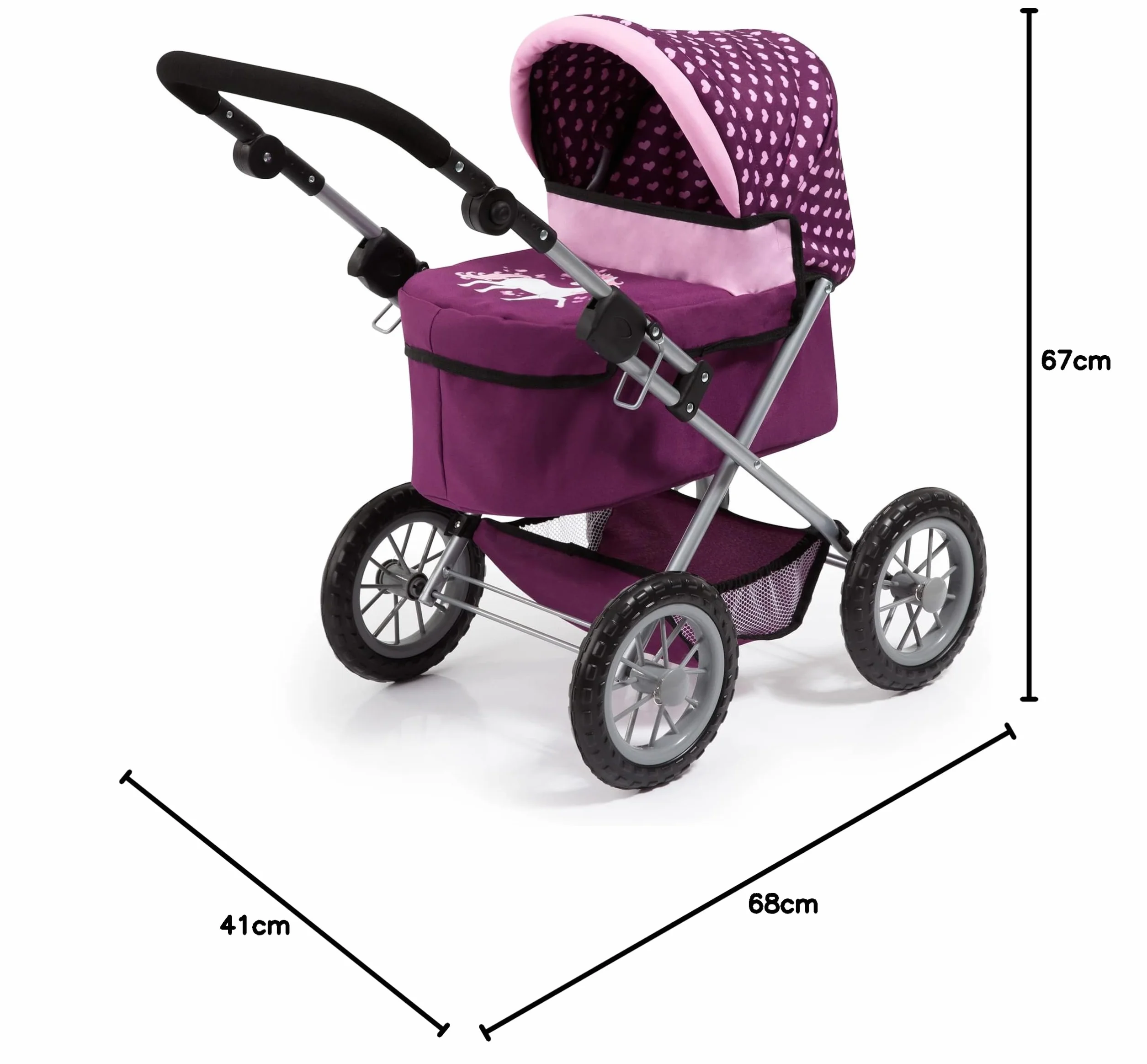 Bayer Design 13037AA Wózek dla lalek Trendy z torbą, regulowaną rączką, składany, zintegrowanym koszem, dużymi kołami, dla chłopców i dziewczynek od 3 lat